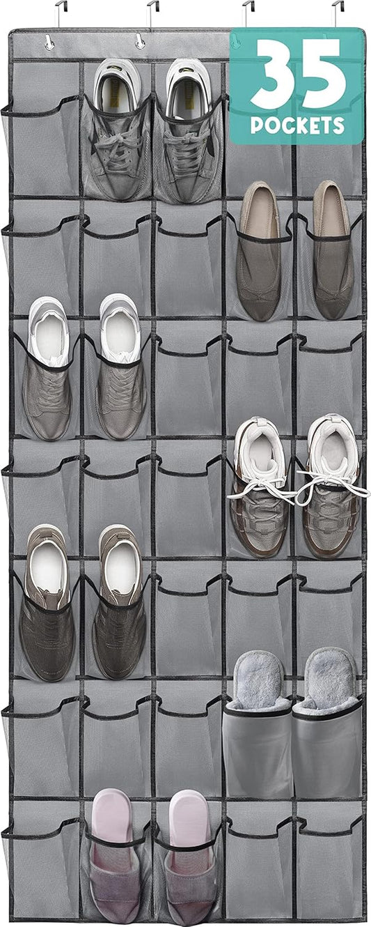 Over the Door Shoe Organizers 35 Mesh Pockets Hanging Shoe Organizer Shoe Rack for Closet Entryway Bedroom Bathroom Pantry Shoe Holder for Sneakers, High Heeled Shoes, Flip Flops (Gray 67.7” × 26.4”)