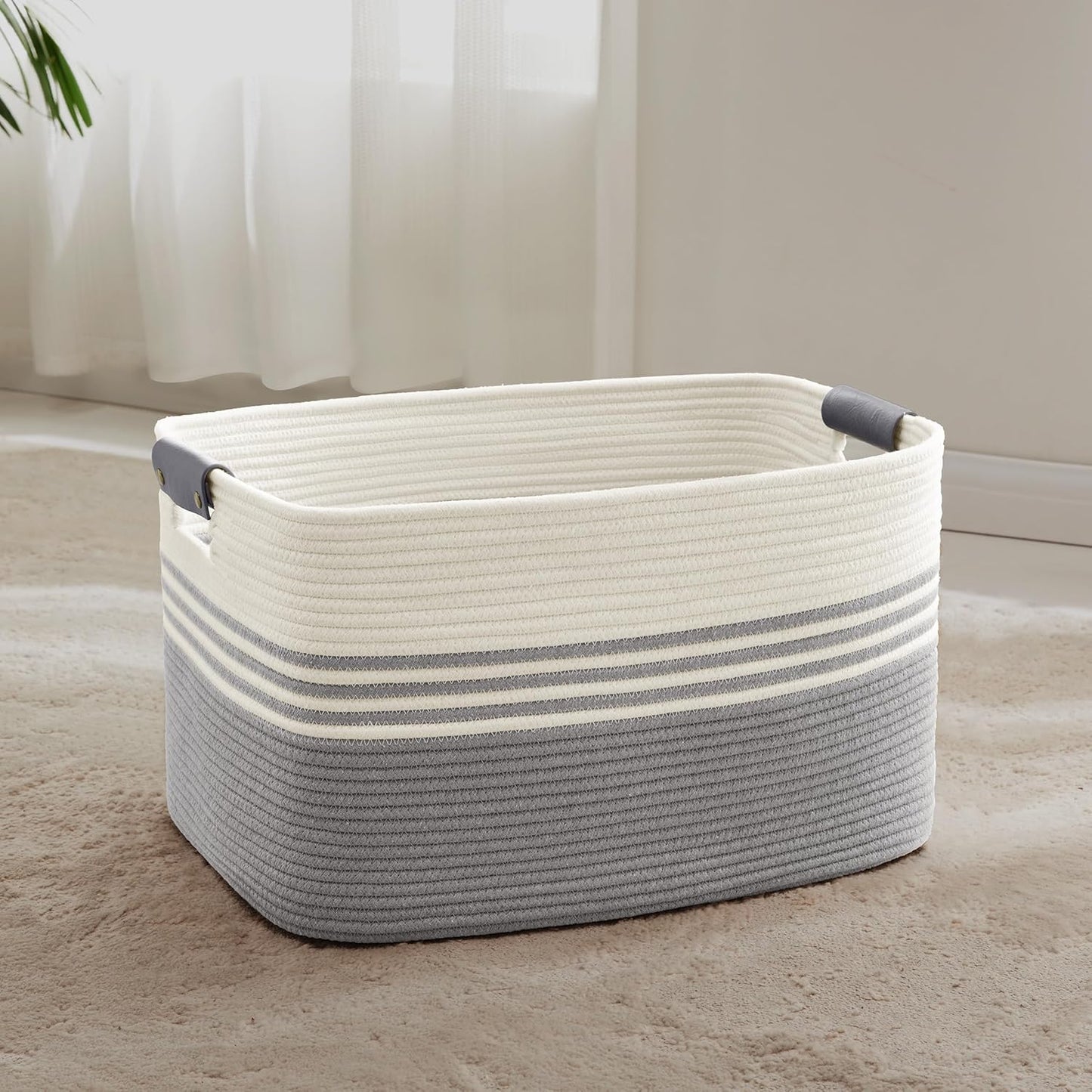 72L Large Laundry Basket with Leather Handles for Living Room Storage, Woven Rope Baskets Bin for Blanket, Kids Toy, Gifts, Wicker Hamper for Bedroom Dirty Clothes, 22"x17"x12" White Grey