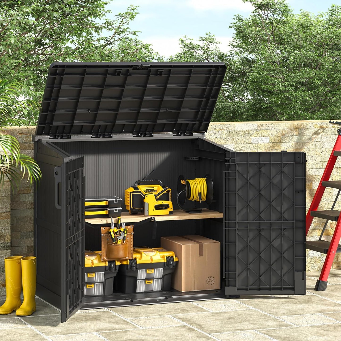 36 Cu Ft Resin Outdoor Storage Shed, Weatherproof Horizontal Outdoor Storage Cabinet with Dual Lock Door for Backyard, Patio, Garage, Garden(Black)