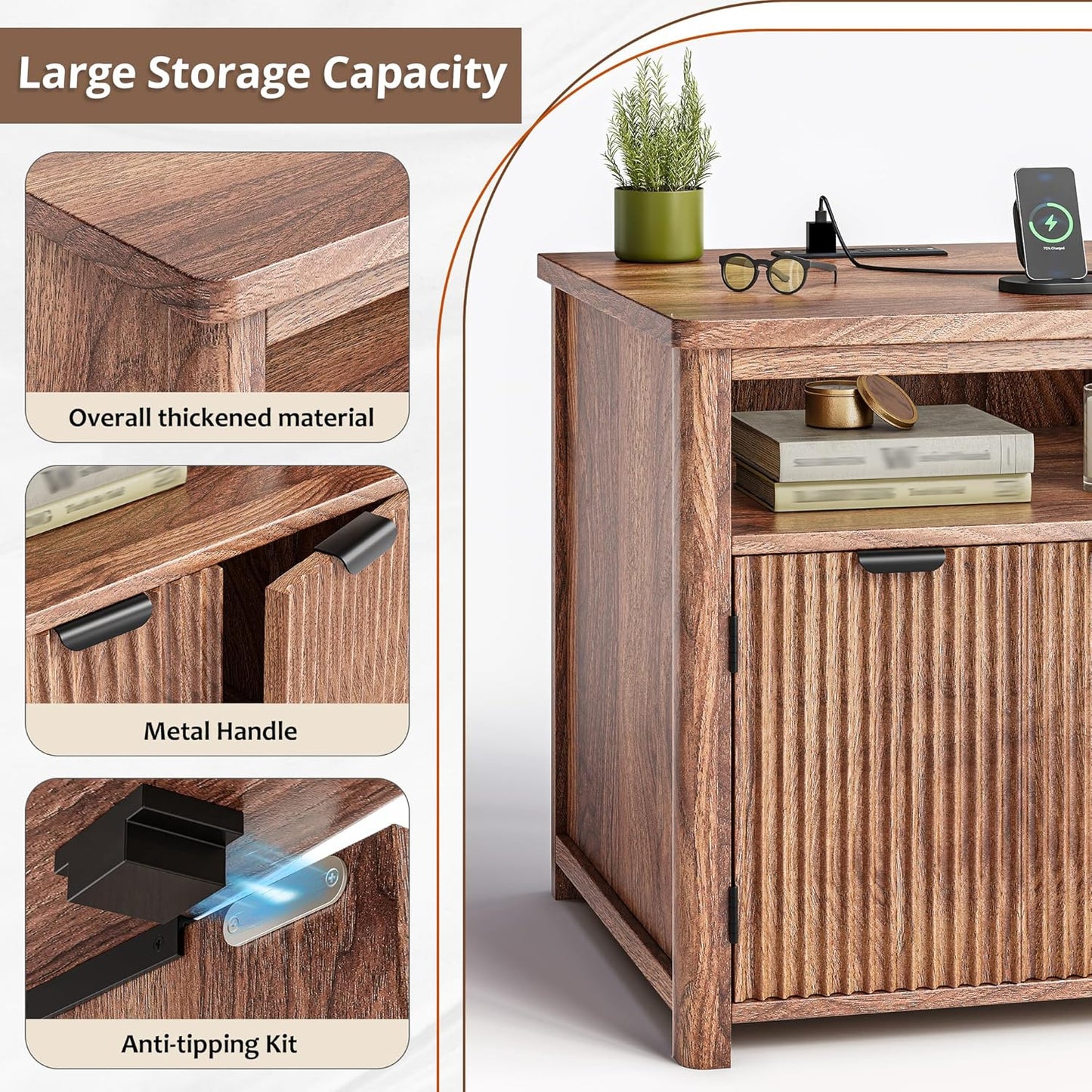 Fluted Nightstand with Charging Stations, 23.6" Wide Walnut Nightstand with Storage Drawers, Side Tables, Modern Farmhouse End Tables for Bedroom, Walnut Brown