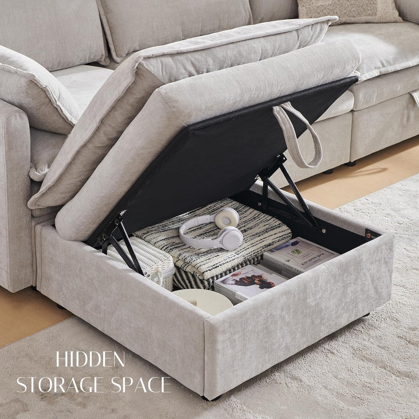 88.98" Sectional Couches for Living Room, Cloud Couch Sectional with Large Storage, U-Shape Modular Sectional Sofa with Ottoman, 5 Chenille Seater with Pillow for Apartment, Bedroom, Light Grey