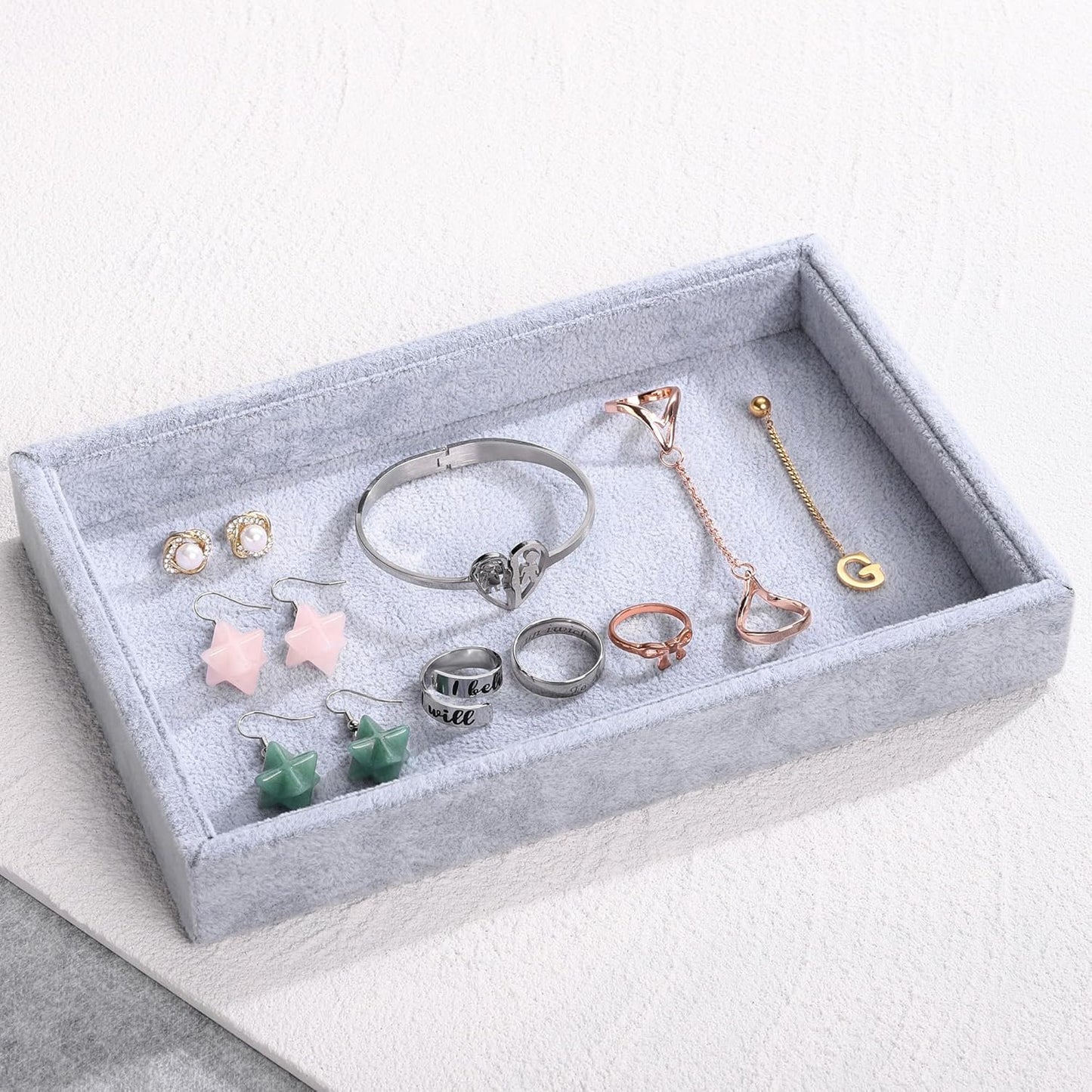 Mornajina 9" x 5.7" Velvet Jewelry Tray Jewelry Display Tray, Stackable Empty Plate Trays for Earrings Necklaces Bracelet Rings Display Showcase - Grey