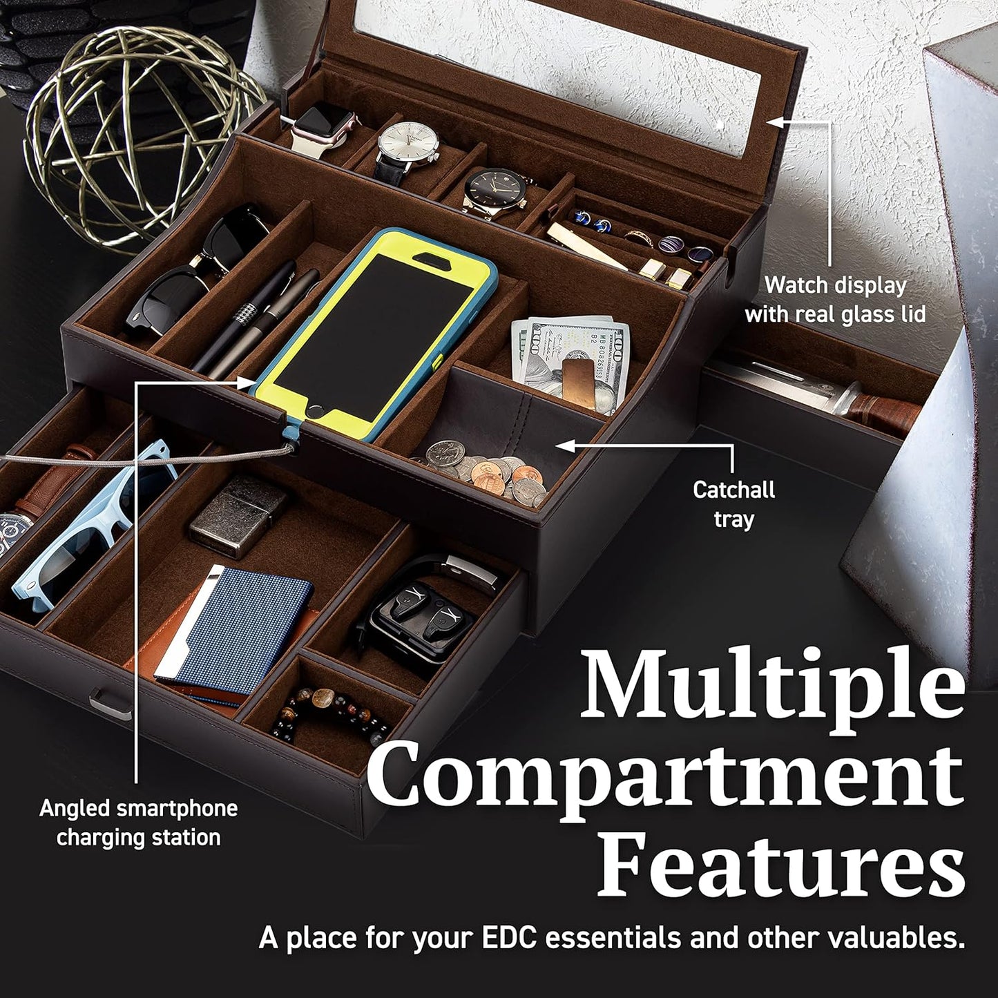 Mens Valet Box Organizer, Large Leather Valet Tray for Men, Mens Valet Tray Organizer with Charging Station, Mens Jewelry Box Organizer for EDC Valet Mens Accessories, Nightstand Bedside Dresser Top