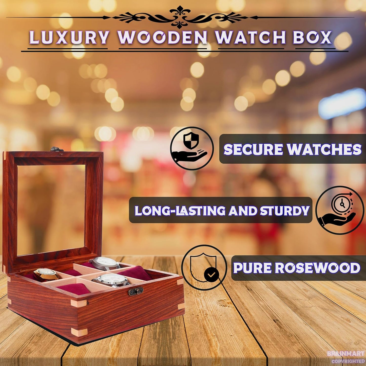 Wooden Watch Box for Men & Women, Watch Organizer & Display Case, Premium Long-Lasting Watch Holder for Storage, Elegant Gift for Watch Collectors (Glass Top, 6 Slots)