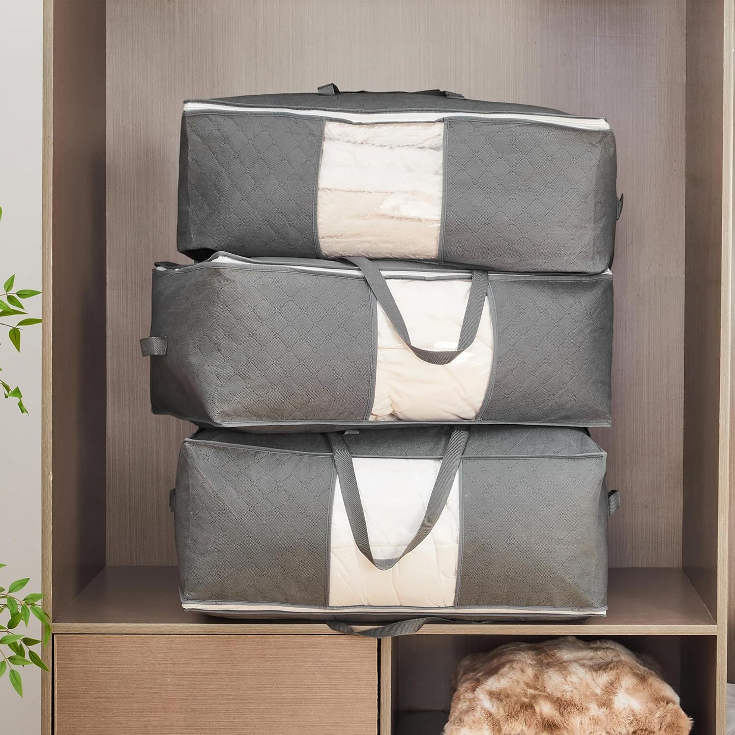 105L Extra Large Storage Bags for Blankets, King Comforters, Bedding, Clothes, Pillows, Sheets - Closet Organizers and Storage with 4 Handles & Clear Window, Foldable & Breathable (Grey, 2pack)