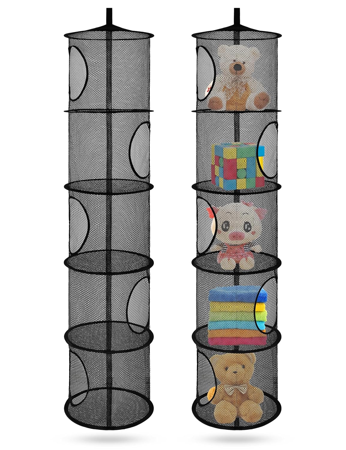 Libeder Mesh Hanging Storage Space Saver Bags Organizer,Foldable Storage Organizer 5 Compartments Toy Storage Basket for Kids Room Bathroom 2 Sets, Black