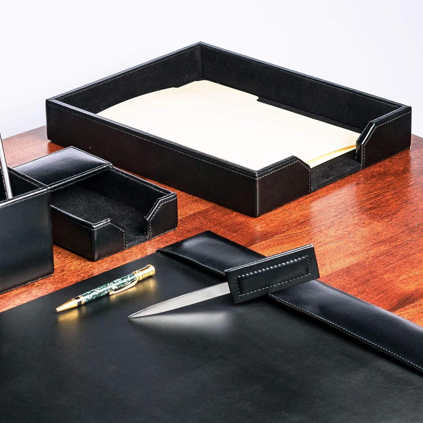 Dacasso Bonded Leather Desktop Tray Luxury Letter Holder & Paper Organizer for Desk, 13.5in x 10.5in x 2.13in, Black