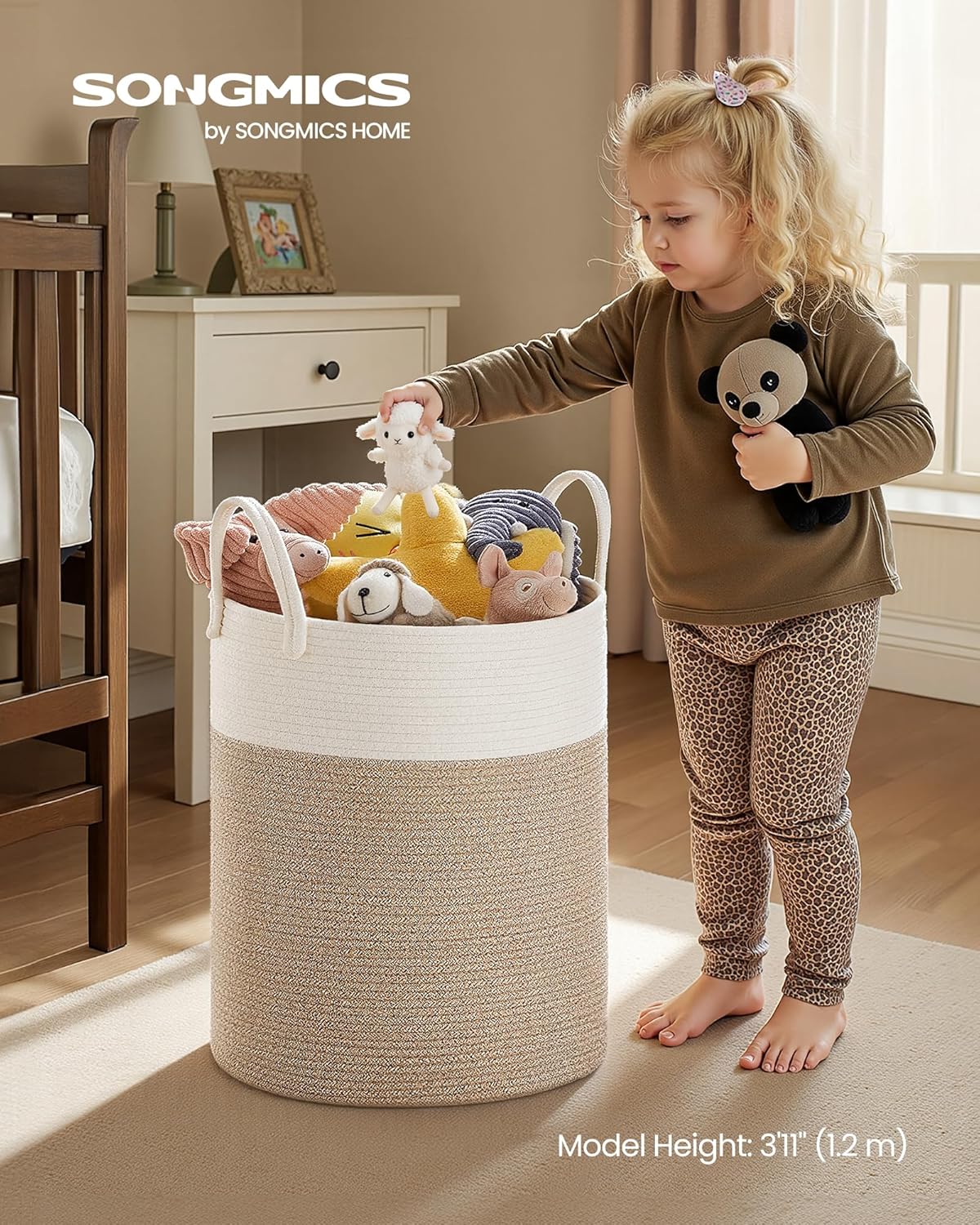 SONGMICS Laundry Hamper, Cotton Rope Laundry Basket with Handles, for Children, Toys, Clothing, Living Room, Bedroom, 15.8 Gallons, 13.8 x 13.8 x 19.7 Inches, White and Grayish Brown URLH061LZ01