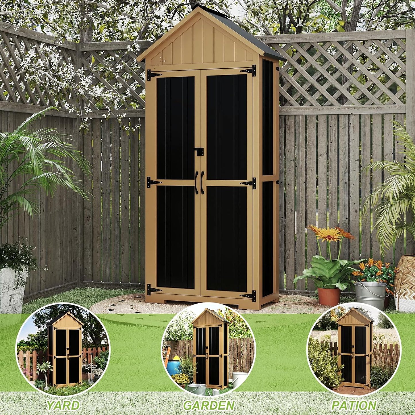 Outdoor Storage Cabinet with Shelf, Wood & Metal Storage Shed with Lockable Doors & Sloping Roof, Outdoor Cabinets for Patio Backyard, Garden Shed Tool Shed and Accessories, Brown