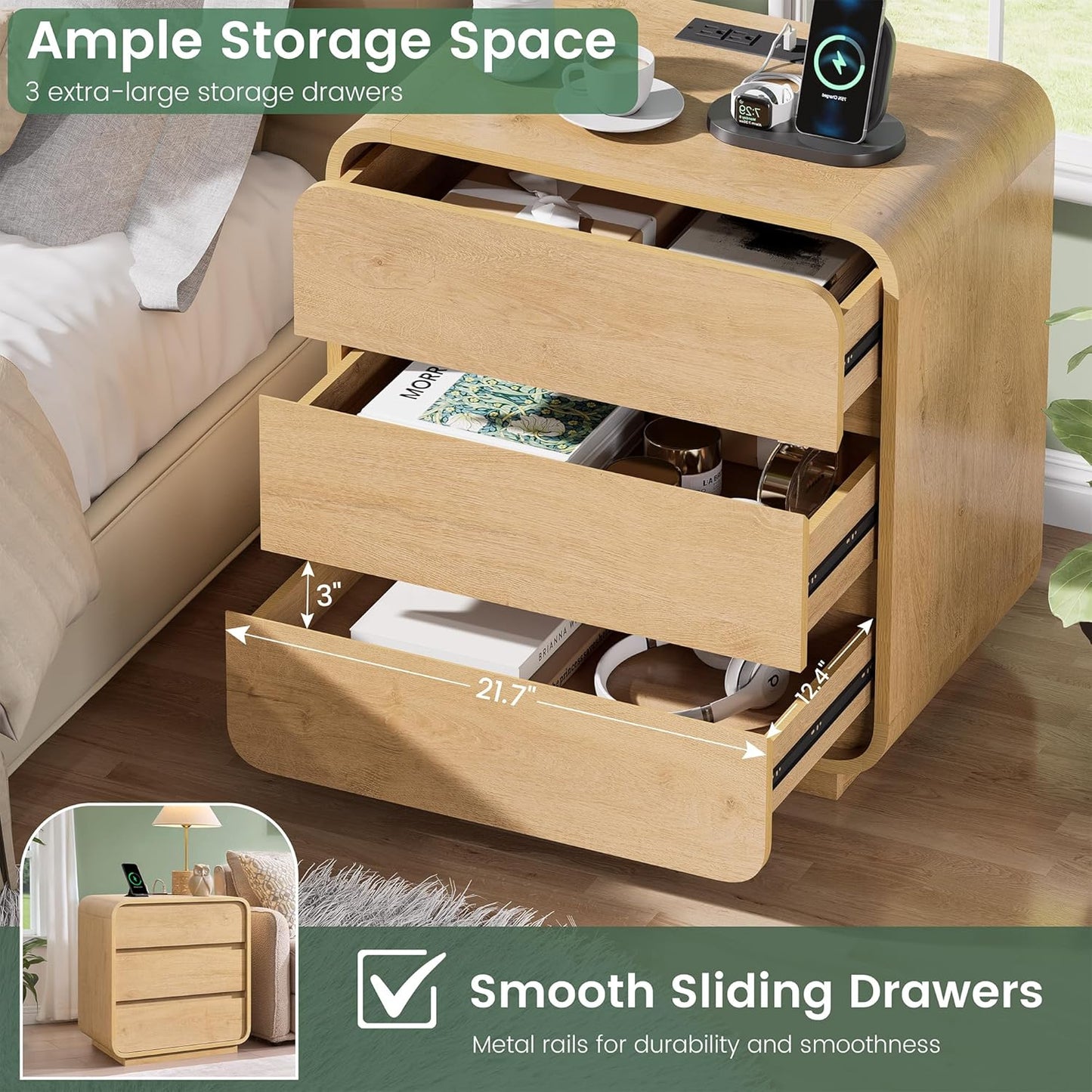 Natural Curved Nightstand Set of 2, 23.2" Large Wood Bedside Table with 3 Drawers, Charging Station, Modern Side Table, Mid-Century End Table Night Stand for Bedroom Sofa,