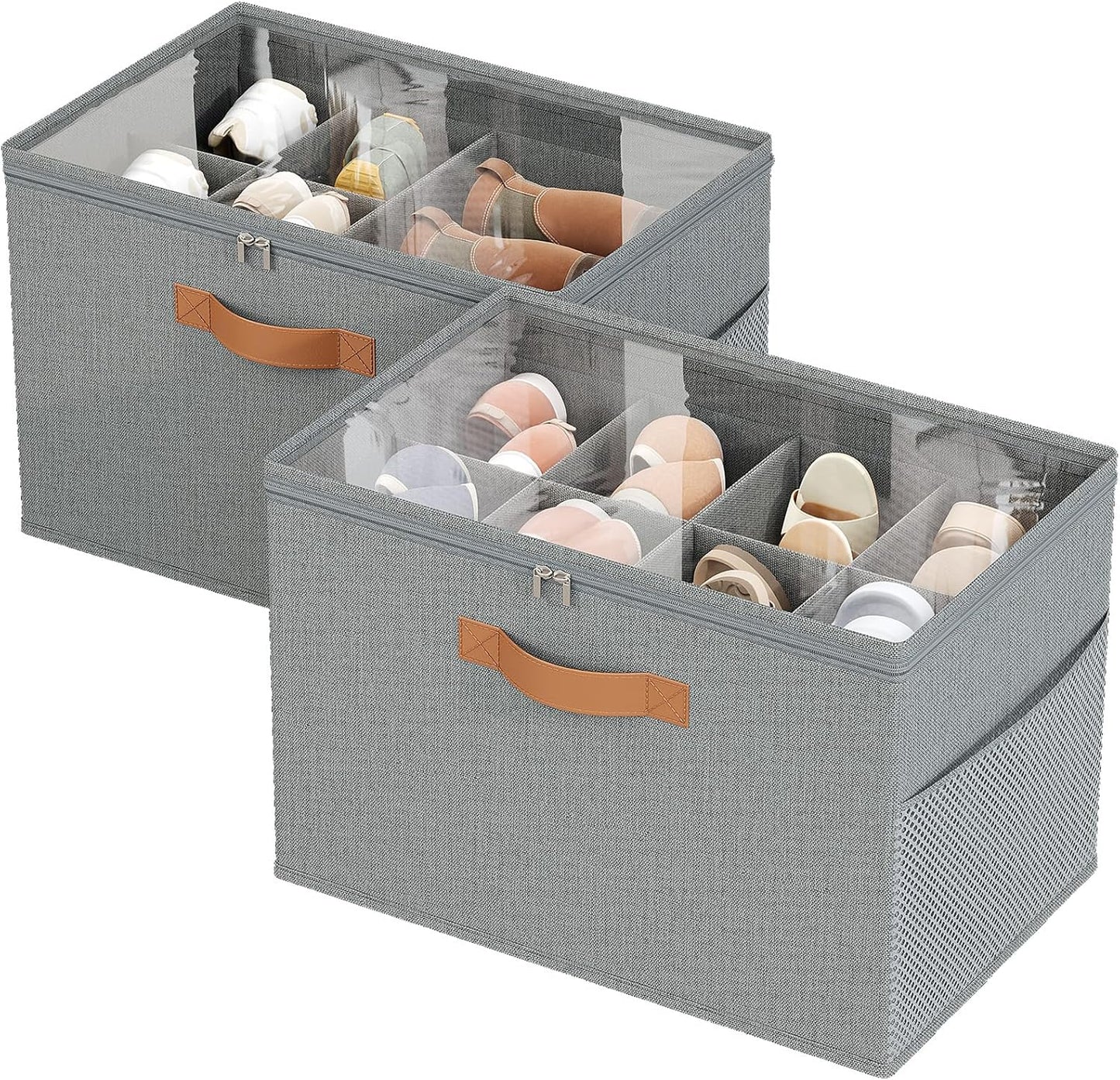 Shoe Organizer for Closet, 2 Pack Foldable Shoe Storage Organizer with Adjustable Dividers, Shoe Storage Box with Clear Cover, Fits up to 16 Pairs, Gray
