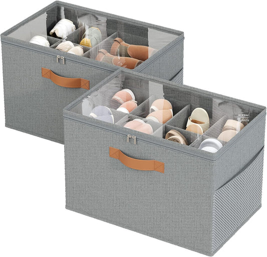 Shoe Organizer for Closet, 2 Pack Foldable Shoe Storage Organizer with Adjustable Dividers, Shoe Storage Box with Clear Cover, Fits up to 16 Pairs, Gray