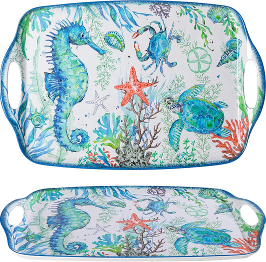LEHAHA Serving Tray with Handles, Large Rectangular Melamine Serve Platter for Serve Food, Set of 2, 19 x 12 inch,Unbreakable Food Platter for Coffee Table, Ottoman Tray for Bedroom, Living Room.