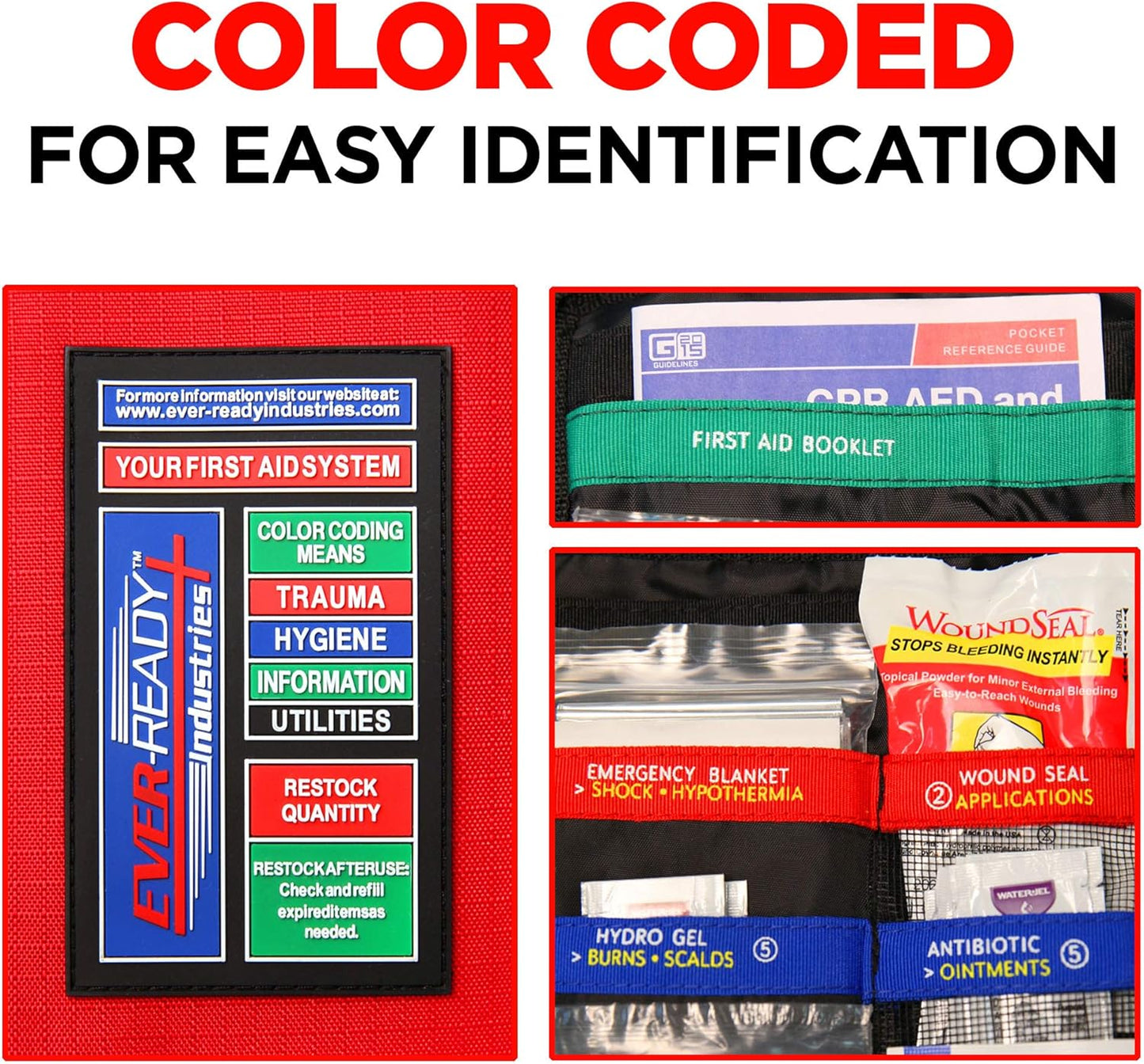 Ever-Ready Industries Outdoor Protection and Workplace First Aid Kit - Emergency Medical and Trauma Kit- Color Coded, Essential Trauma Items, Durable and Portable - 196 Pieces