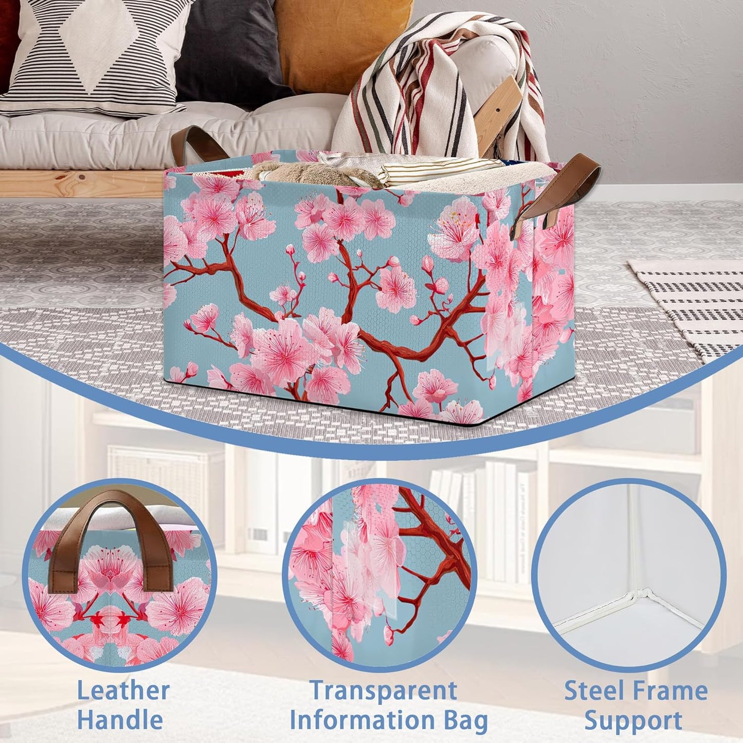 Cherry Blossoms Collapsible Storage Box,Japanese Organizer Bin with Handles for Room Decoration,Bins Book Basket Box 17x11.5x10Inch