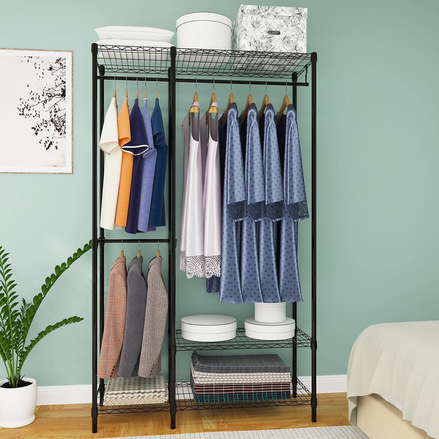 Heavy Duty Garment Rack for Hanging Clothes,Wire Metal Clothing Rack,Adjustable Portable Clothing Rack,Freestanding Open Wardrobe Organizer Rack,39.5"L x 15.75"W x 75.6"H Max Load 600LBS,Black