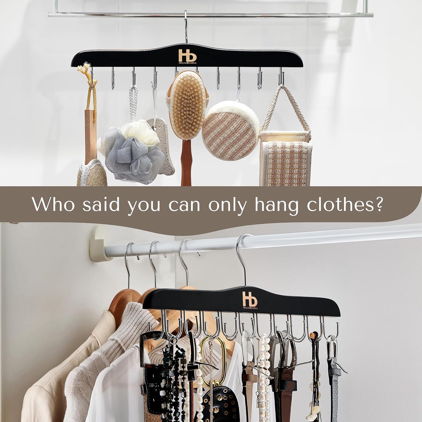 Large Bra Hanger and Bra Organizer for Closet – Tank Top Hanger Space Saving for House, Dorm, Apartment - Foldable Wooden for Closet Organizer– with 20 Hooks, Lotus Wood, Black, 2 Pack