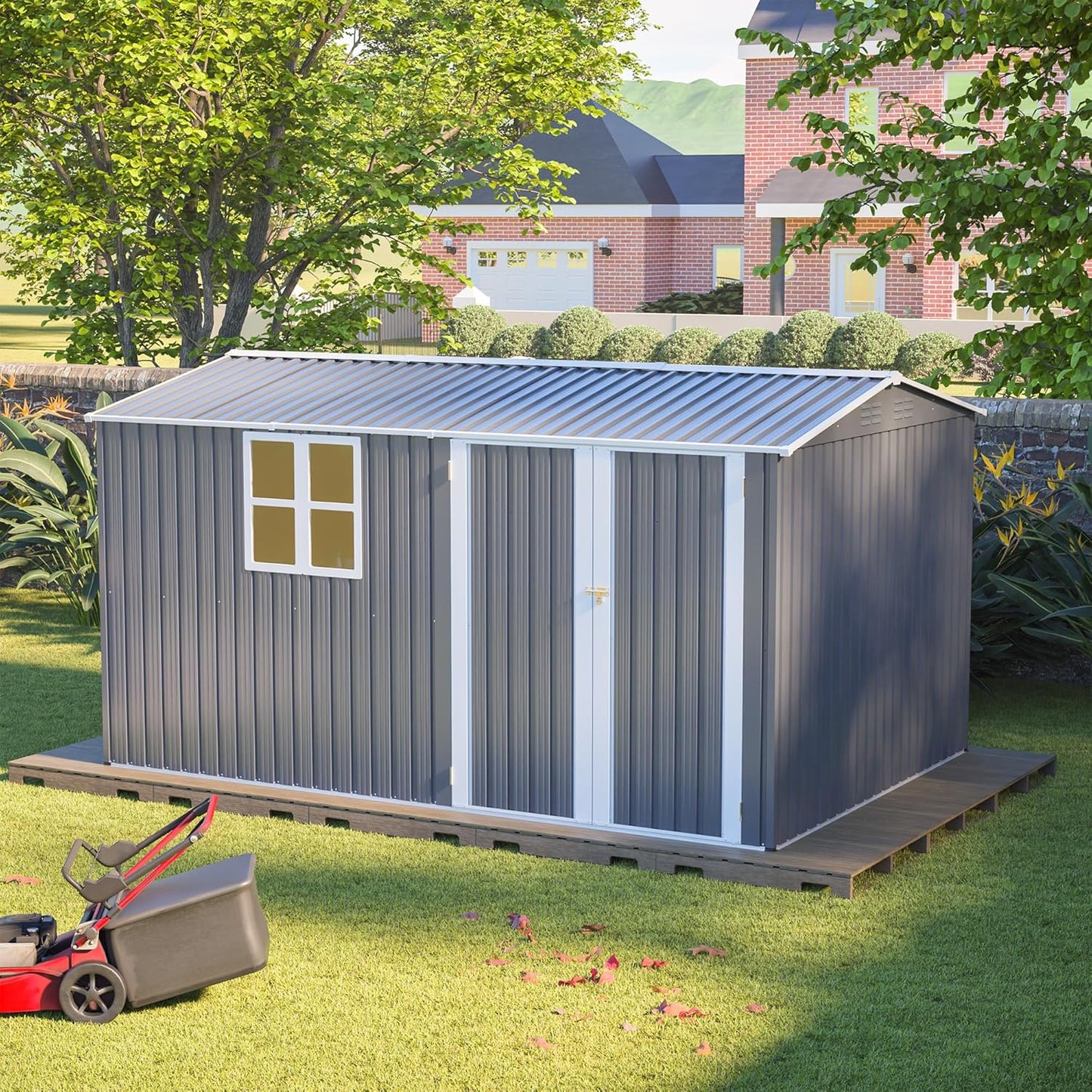 8x12 FT Outdoor Metal Storage Shed with Window & Floor Frame, Lockable Double Doors, Weatherproof Steel Tool Shed for Garden, Backyard, Lawn Equipment, and Patio Storage