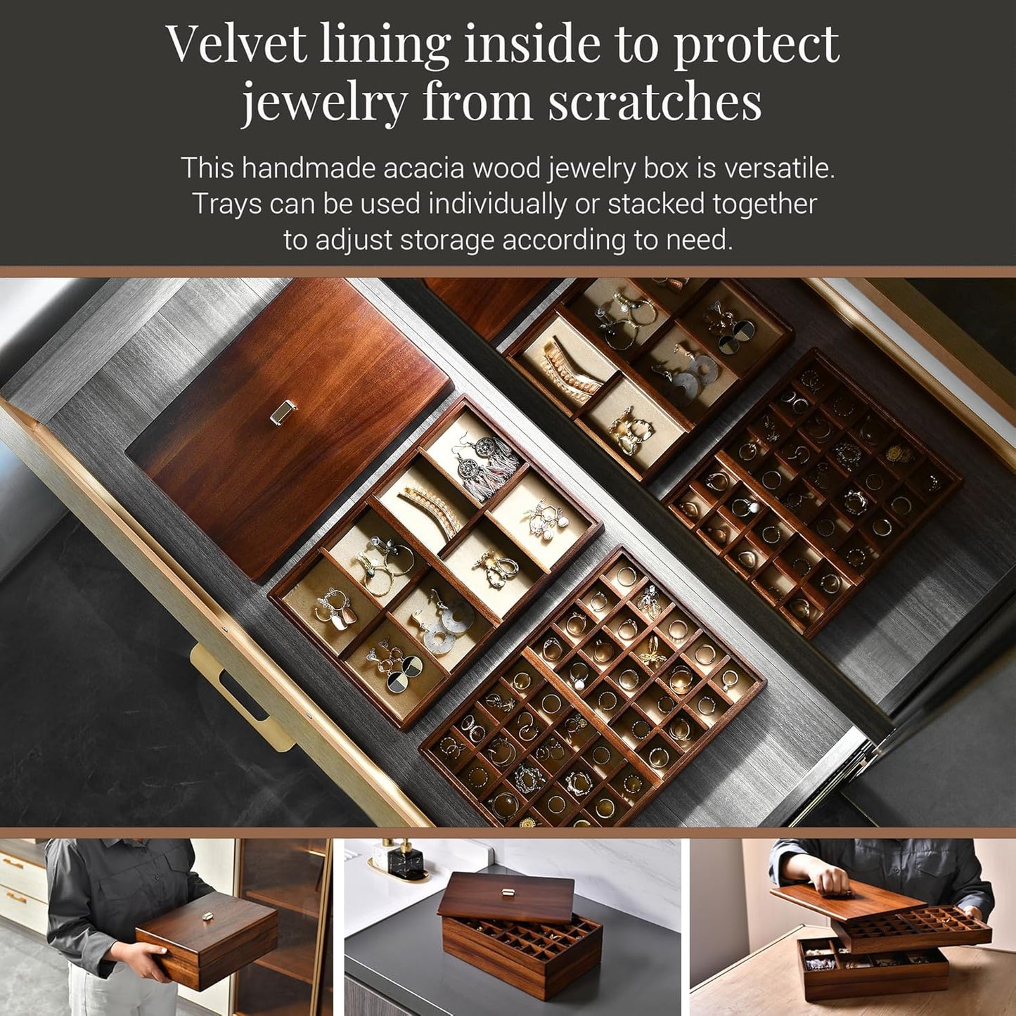 Shanik Custom Engraved Jewelry Box for Women – 3-Tier Stacked Organizer with Rearrangeable Grid Slots for Rings, Necklaces & Earrings