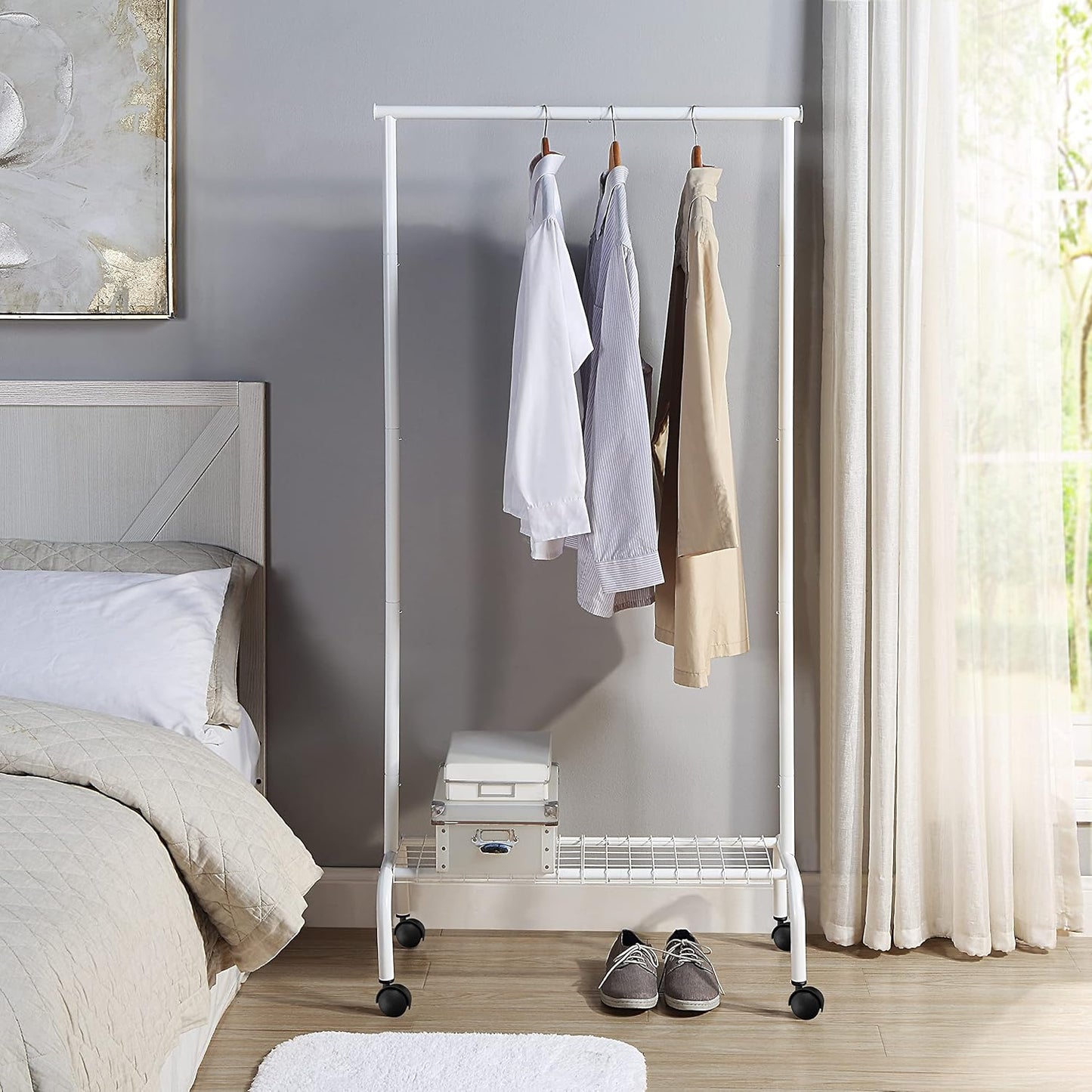 SunnyPoint Rolling Garment Rack with Shelf – Heavy-Duty Metal Clothing Rack on Wheels, 64.9” Tall Clothes Organizer with Bottom Storage, White