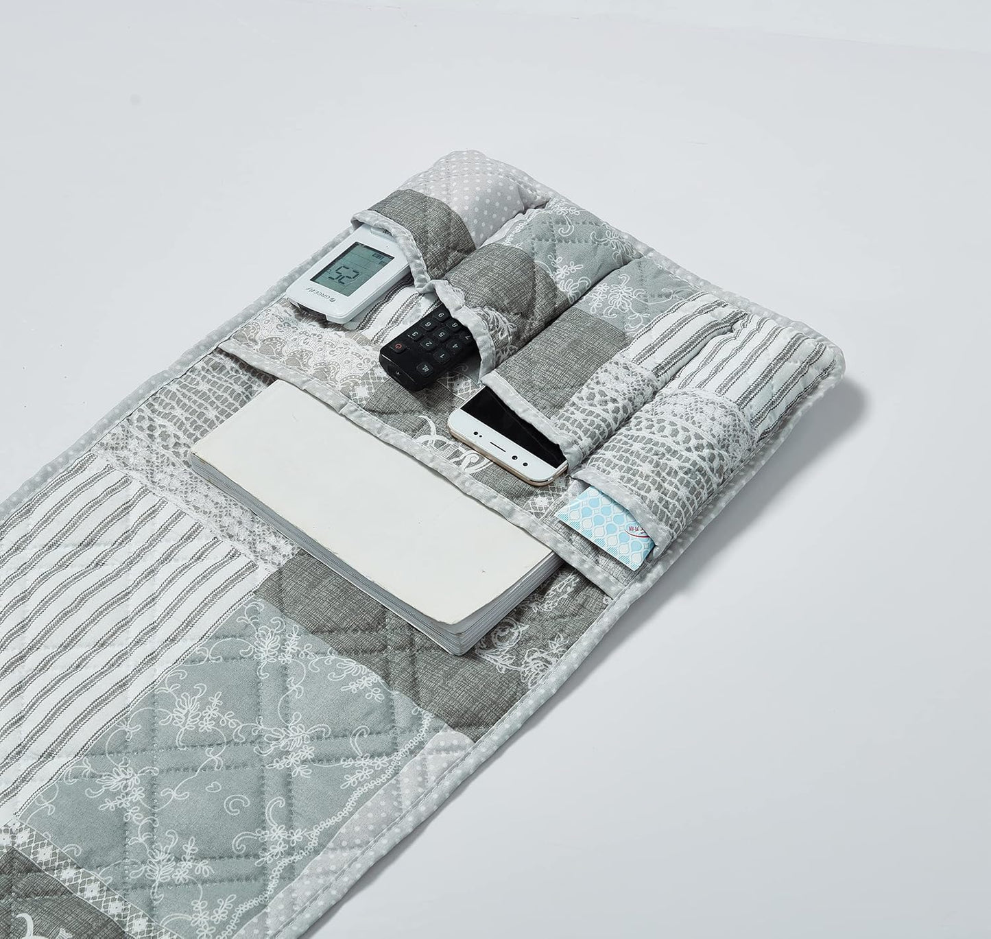 Brilliant Sunshine Grey Floral Patchwork Sofa Armrest 5 Pockets Organizer, Slip Resistant Recliner Armchair Caddy, Washable Remote Controls Holder, Storage for Magazine, Tablet, iPad, 35×13", Grey