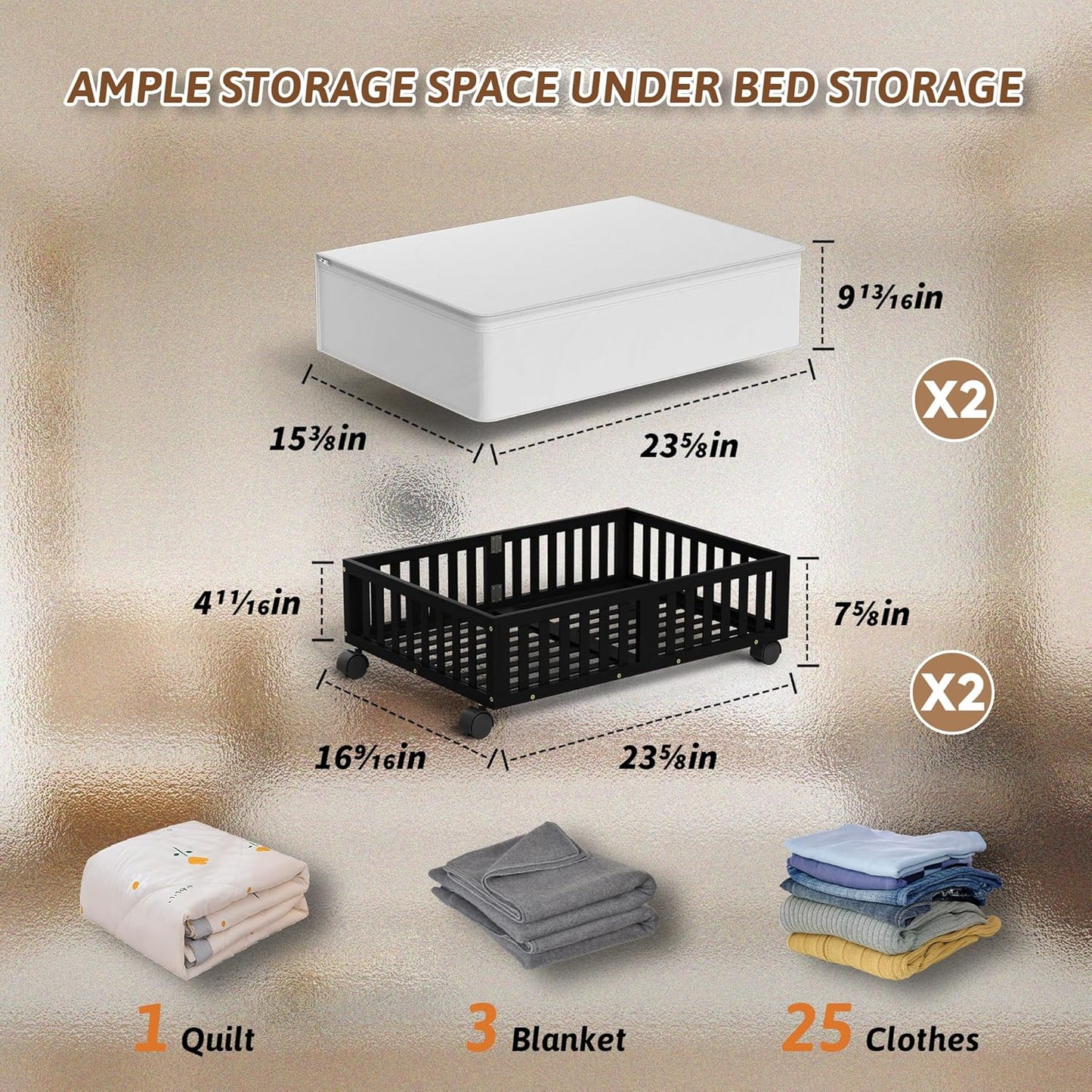 Bamboo Under Bed Storage Containers with Wheels, 2 Pack Under the Bed Shoe Storage Bins, Wood Rolling Underbed Drawers Organizer for Bedroom, Closet, Clothes Blanket Comforter and Under Crib Toy Black