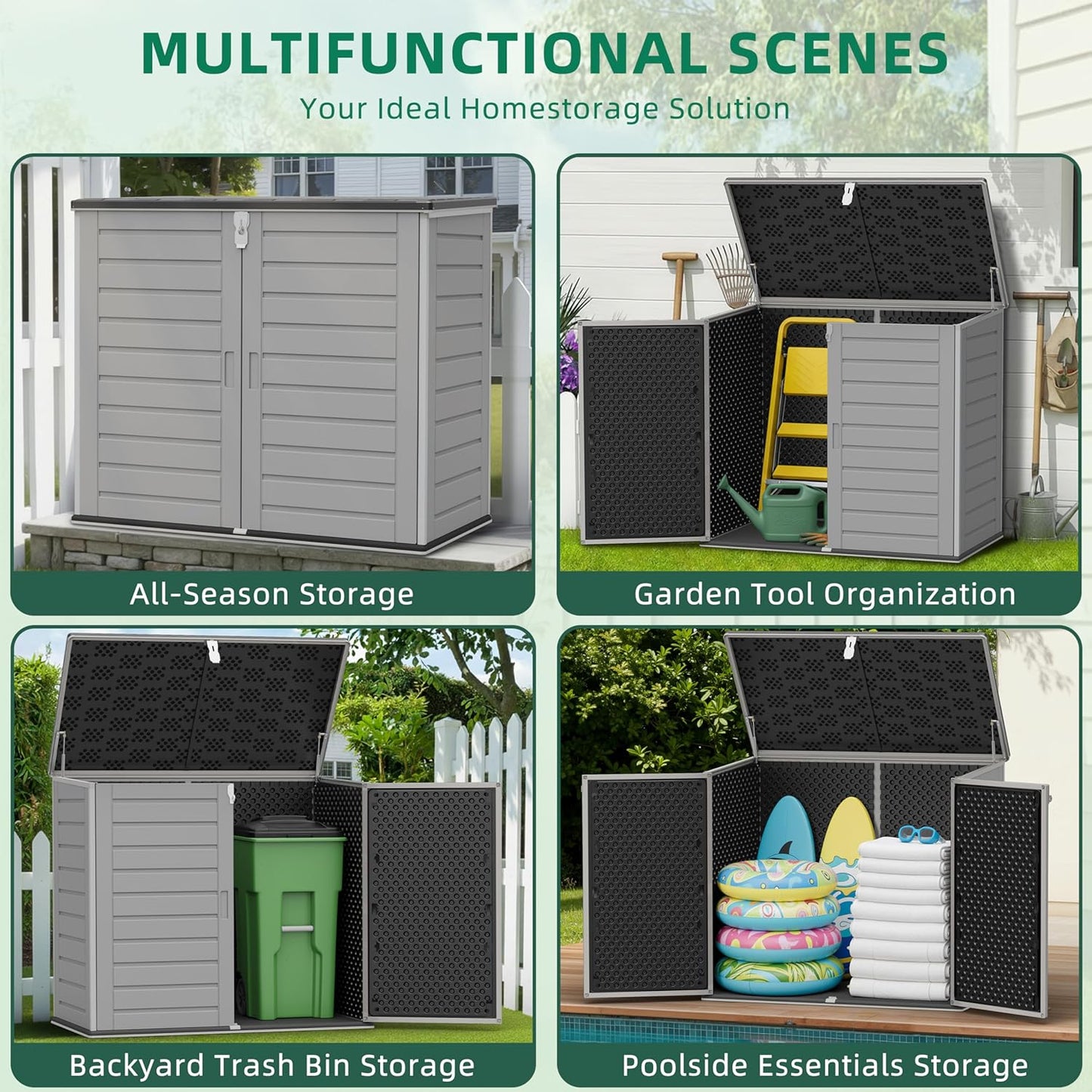 Horizontal Outdoor Storage Shed, 304 Gallon Resin Storage Shed with Lockable Doors & Lift Lid, Waterproof Backyard Shed for Trash Cans, Tools & Patio Equipment (Upgraded Version)