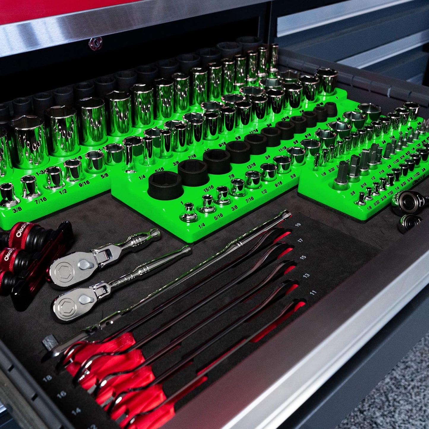 Olsa Tools Magnetic Socket Organizer (3/8-Inch Drive, 3 Row) - Magnetic Tool Organizer & Socket Holder - Tool Box Socket Organizers - SAE Green - Holds 39 Sockets - Professional Grade - Part: 1550