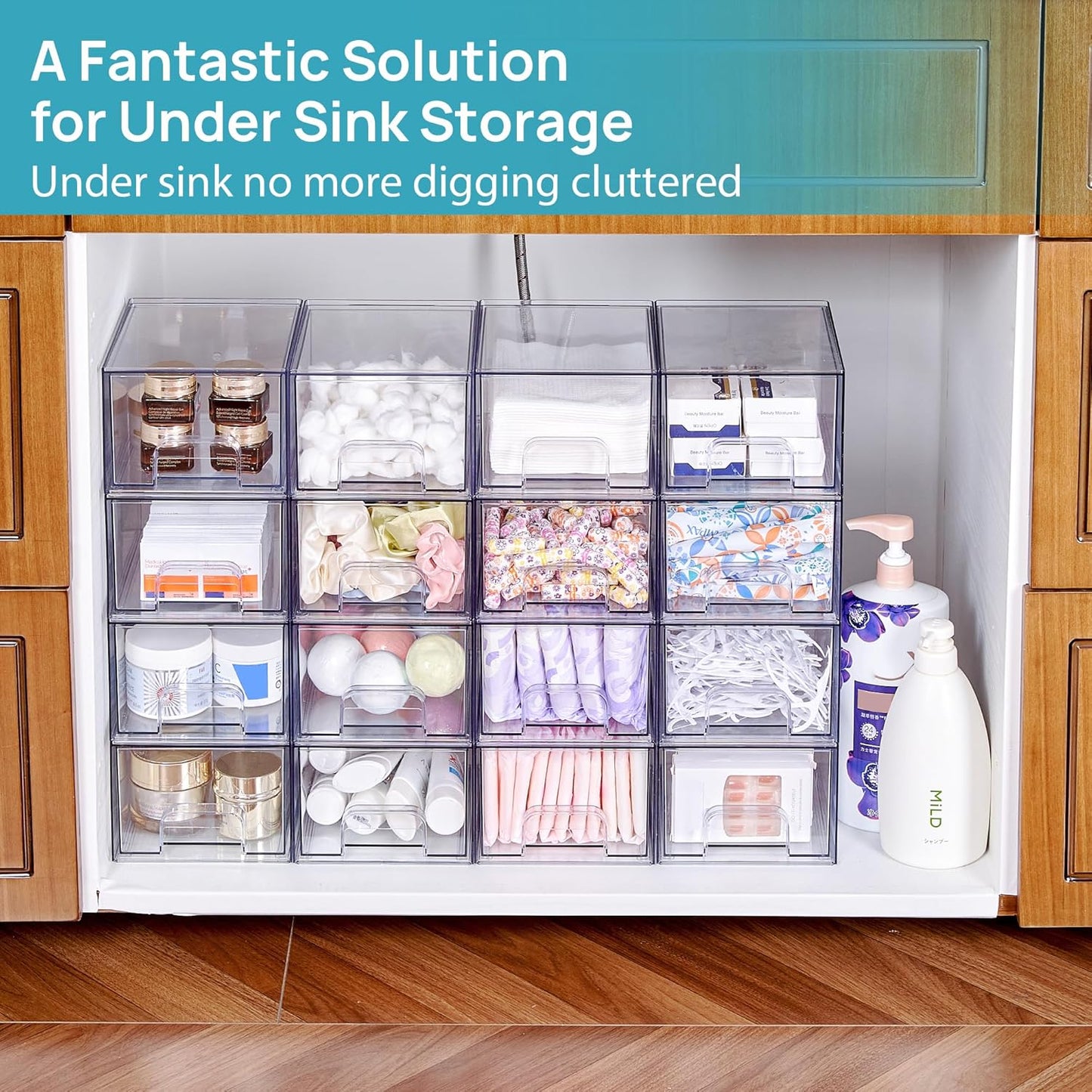 Vtopmart 2 Pack Small Clear Stackable Storage Drawers,Acrylic Bathroom Makeup Organizer,Plastic Storage Bins For Vanity, Undersink, Kitchen Cabinets, Pantry, Home Organization