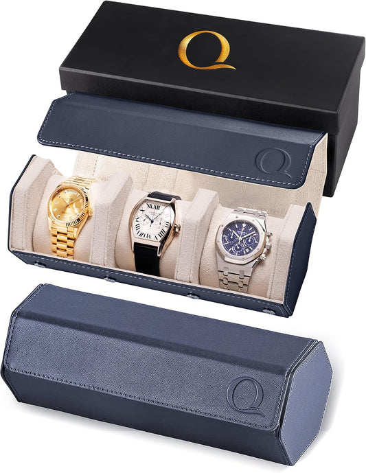 QWATCHBANDS Napa Leather Watch Rolls for Men - Hexagon Triple Watch Roll Travel Case for 3 Watches - Storage Organizer Genuine Leather with Velvet Interior Display (Blue/Cream)