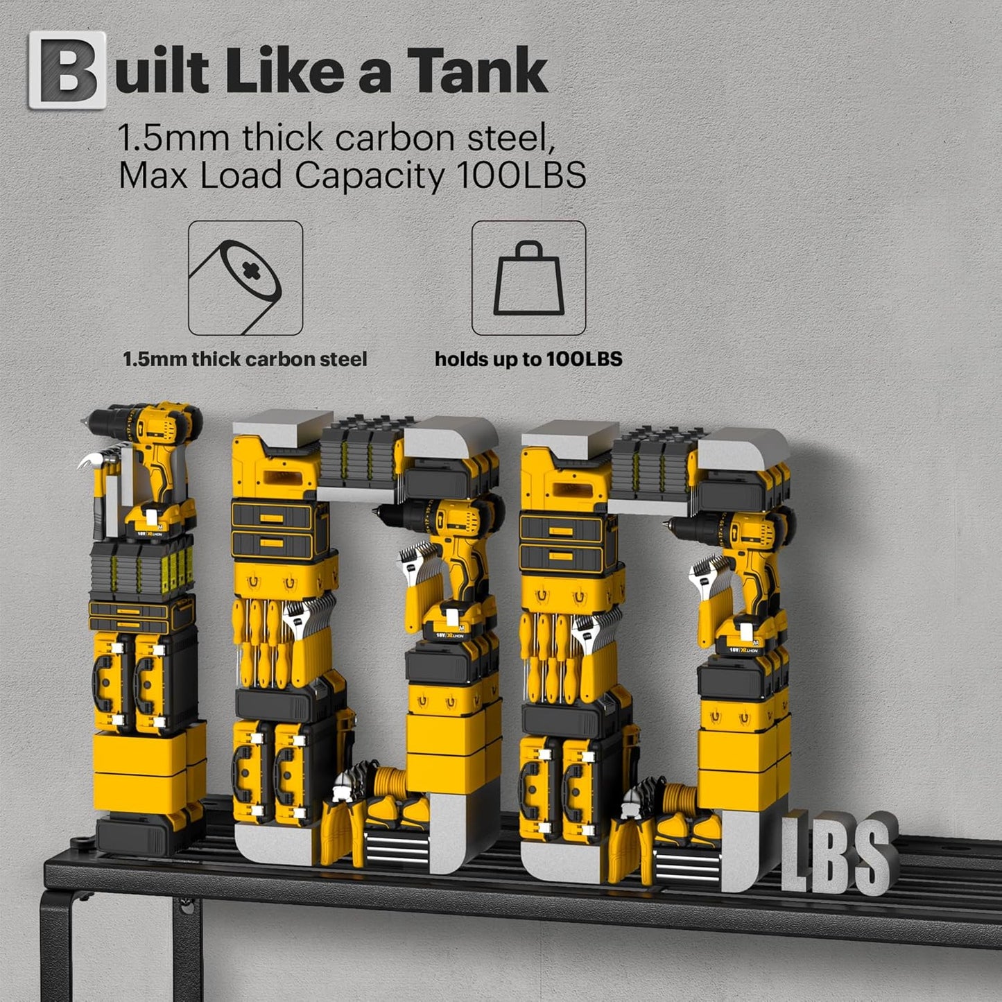Power Tool Organizer Wall Mount with Charging Station, 4 Drill Holders and 4 Layers Garage Organization, Tool Battery Holder with 4 Outlet Power Strip, Tool Storage for Workshop Pegboard, Shed