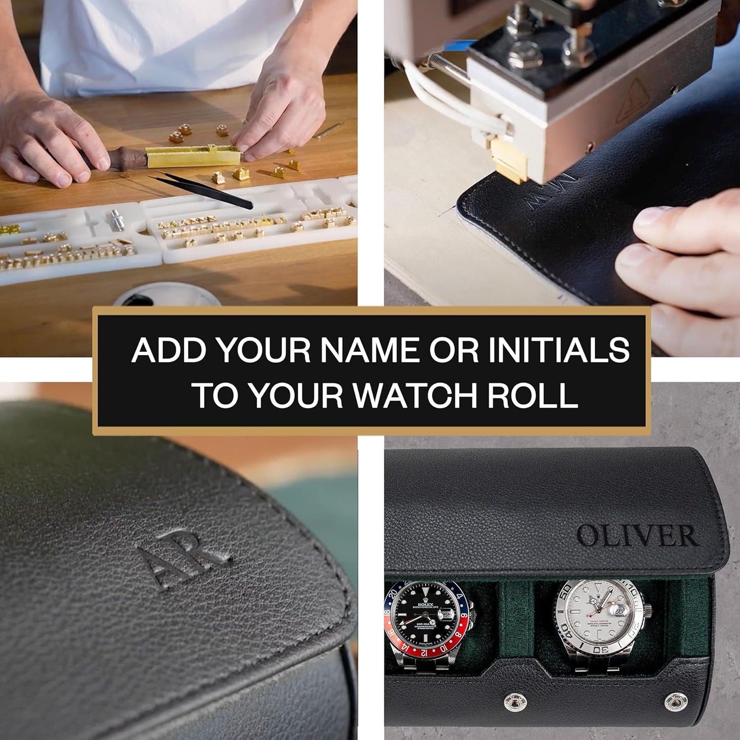 DailyWatch | Personalized Watch Roll Travel Case For 4 Watches - Handmade Genuine Leather Travel Case With Custom Engraving of Name or Initials - Black Green
