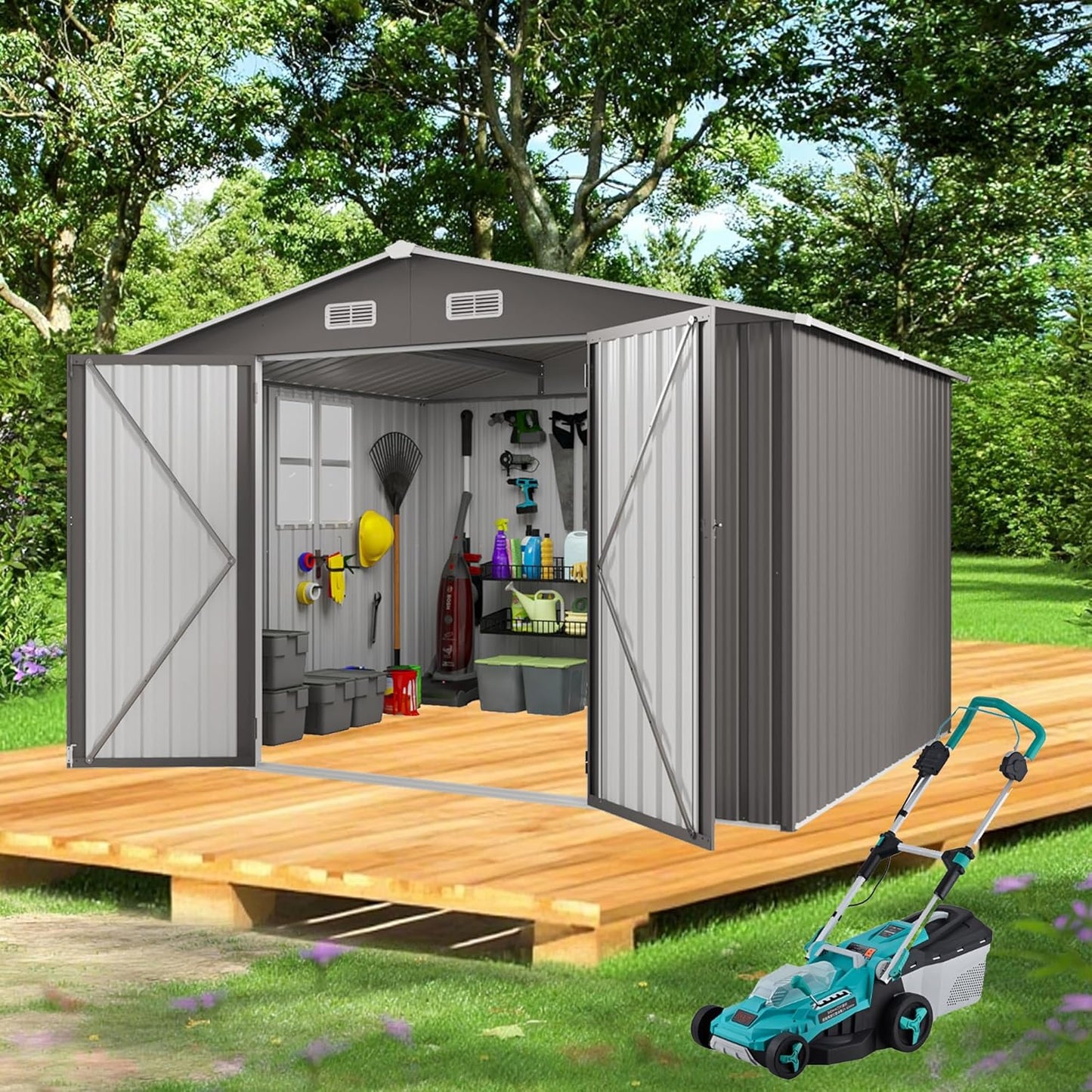 Metal Storage Shed, 10 X 12 FT Lockable Outdoor Tool Shed with Air Vent and Clear Windows, Galvanized Steel Garden Shed for Backyard, Patio, Garden, Bike Storage or Outdoor Use, Grey