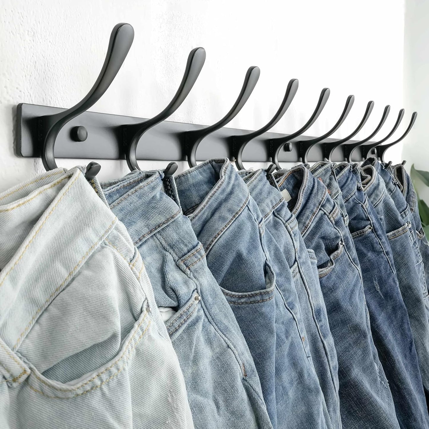 SKOLOO Coat Rack Wall Mounted - 10 Hooks, Heavy Duty, Stainless Steel, Metal Wall Hangers, Sturdy Coat Hooks for Hanging Coats, Jacket, Clothes, Hat, Black