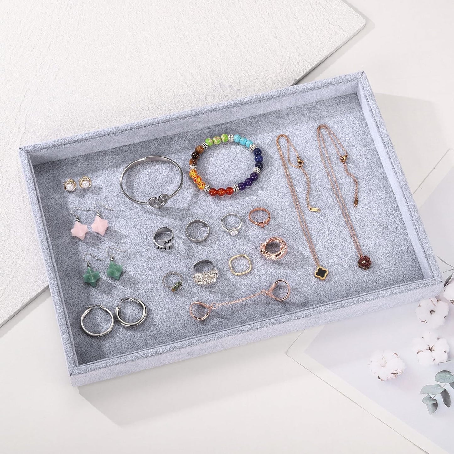 Mornajina 13.8" x 9.5" Velvet Jewelry Tray Jewelry Display Tray, Stackable Empty Plate Trays for Earrings Necklaces Bracelet Rings Display Showcase - Grey