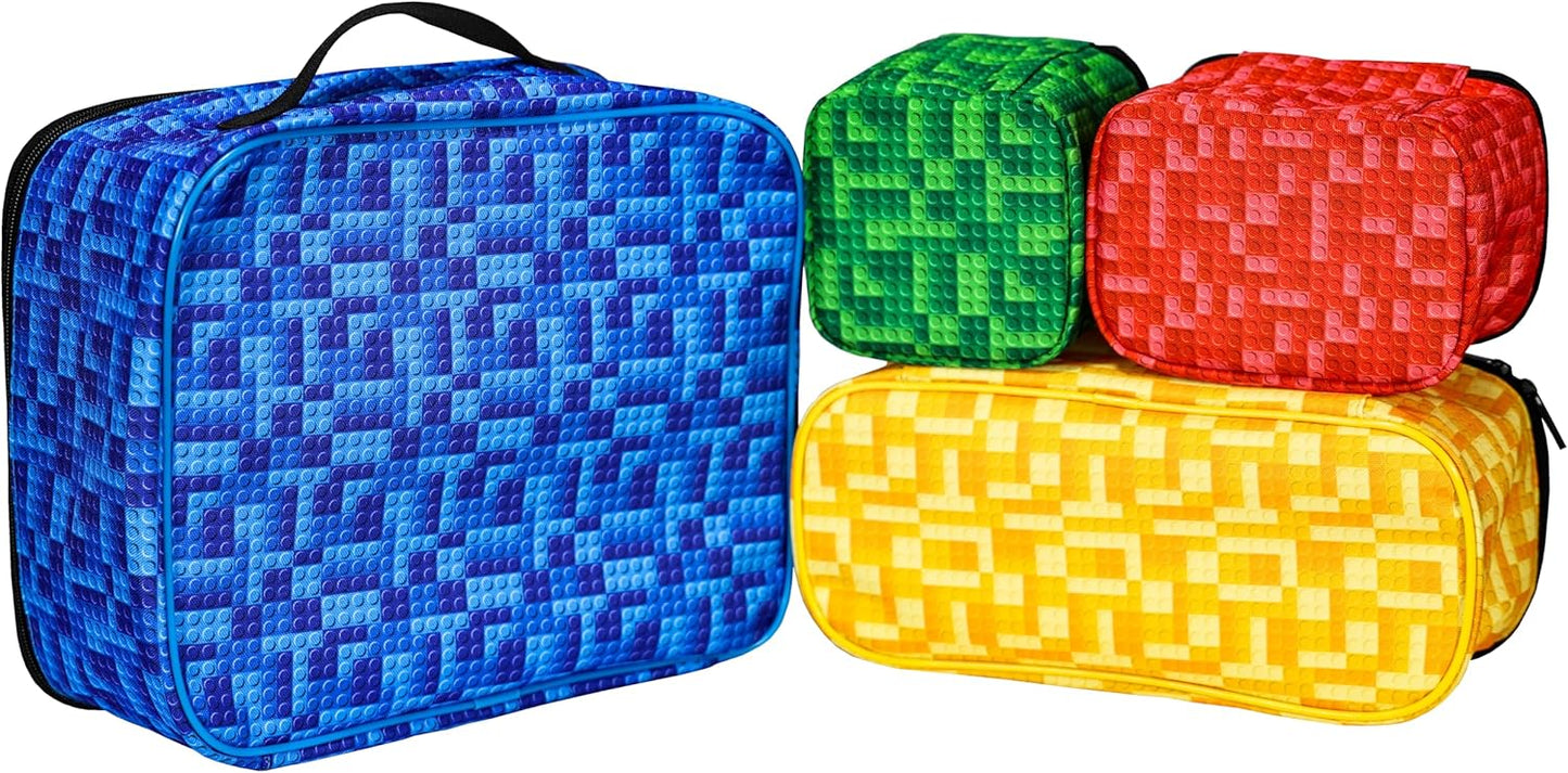 4-piece Kids Toy Storage Organizer Set Bag for Toy Building Bricks with See Through Clear TPU Top, Small Toy Packing Cube Bags, Clean Up Container case (grid pattern)