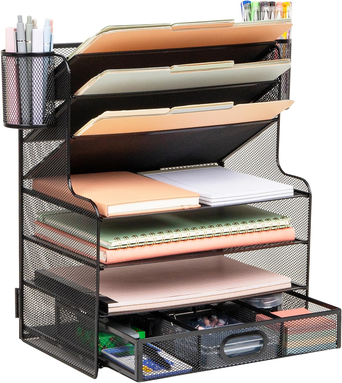 Mind Reader Mesh Desk Organizer, 6 Compartments, 1 Drawer, 2 Pen Cups, Office Desktop Organizer, Metal Mesh, Black