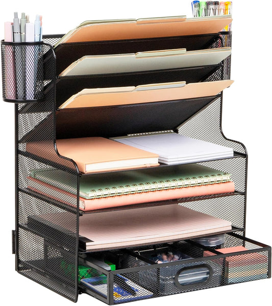 Mind Reader Mesh Desk Organizer, 6 Compartments, 1 Drawer, 2 Pen Cups, Office Desktop Organizer, Metal Mesh, Black