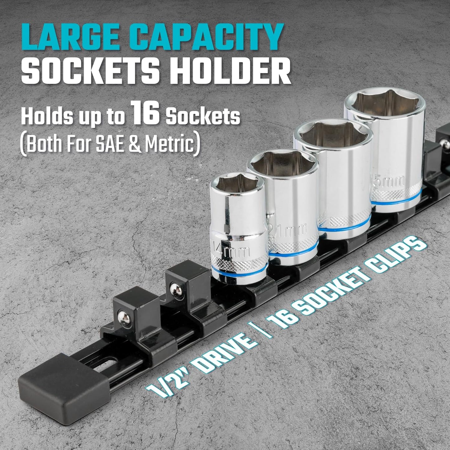 DURATECH Socket Organizer, 1/2-Inch Aluminum Alloy Socket Holder, Heavy Duty Socket Rail Hold 16 Sockets