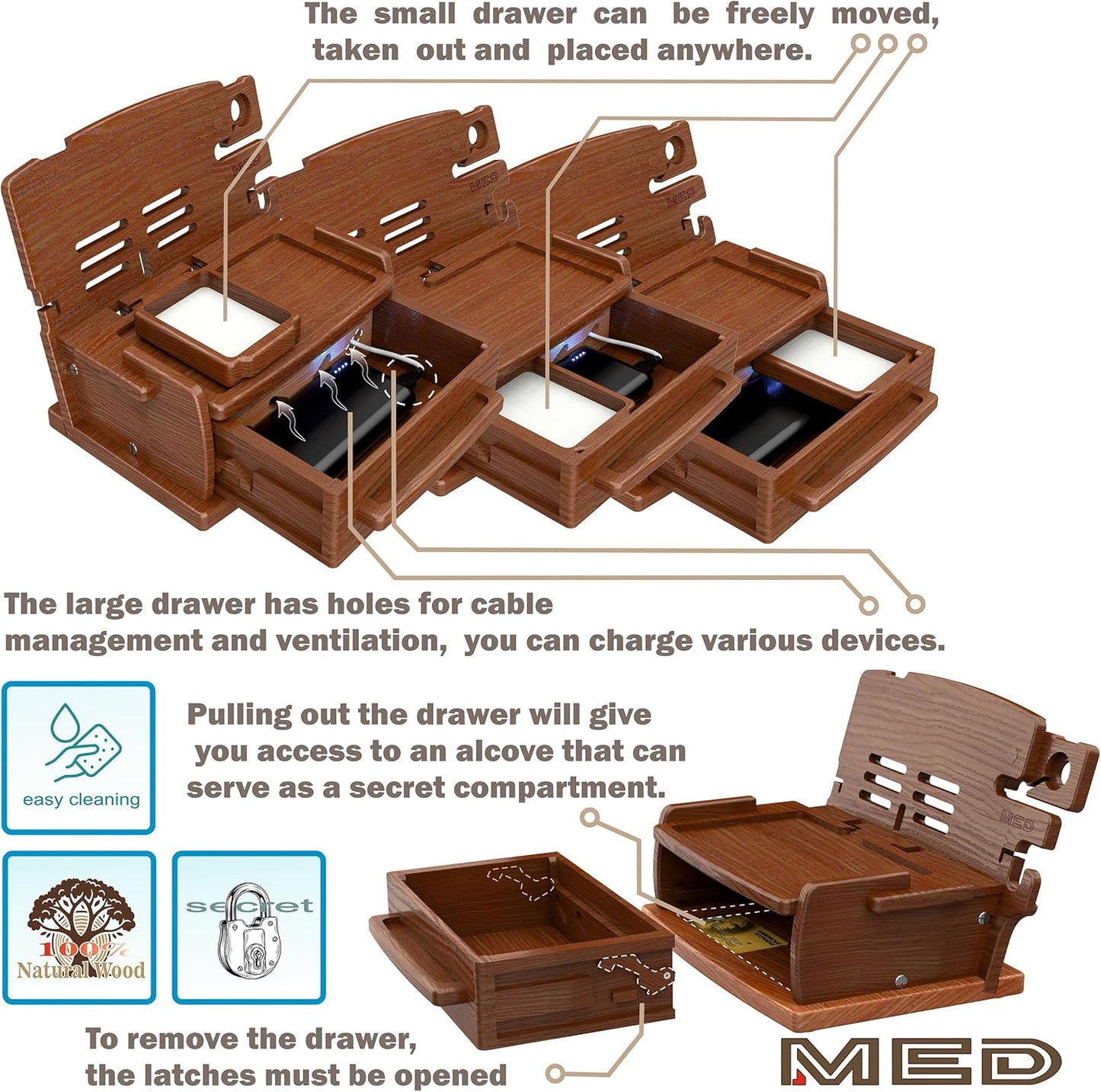 MED Wood Phone Docking Station – Nightstand Desk Organizer for Phone, Watch, Wallet & Tablet – Gift for Men, Husband, Dad & Women – Wooden Charging Stand (Dark Walnut, Model 3)