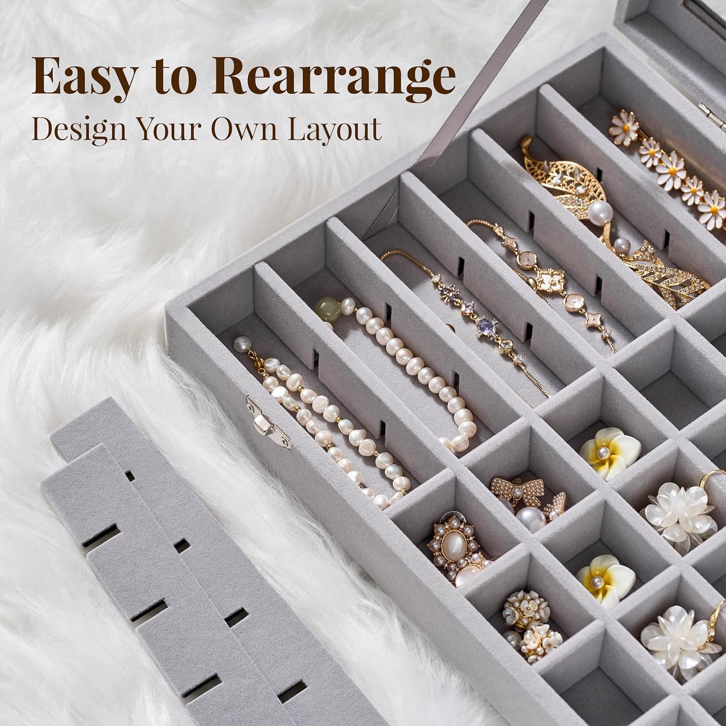 48 Grid Earring Organizer and Storage: Velvet Jewelry Tray with Lid, Jewelry Box for Studs, Earrings, Rings, Necklaces, Dresser & Vanity, Earrings Case Organizer for Girls, Women, Grey