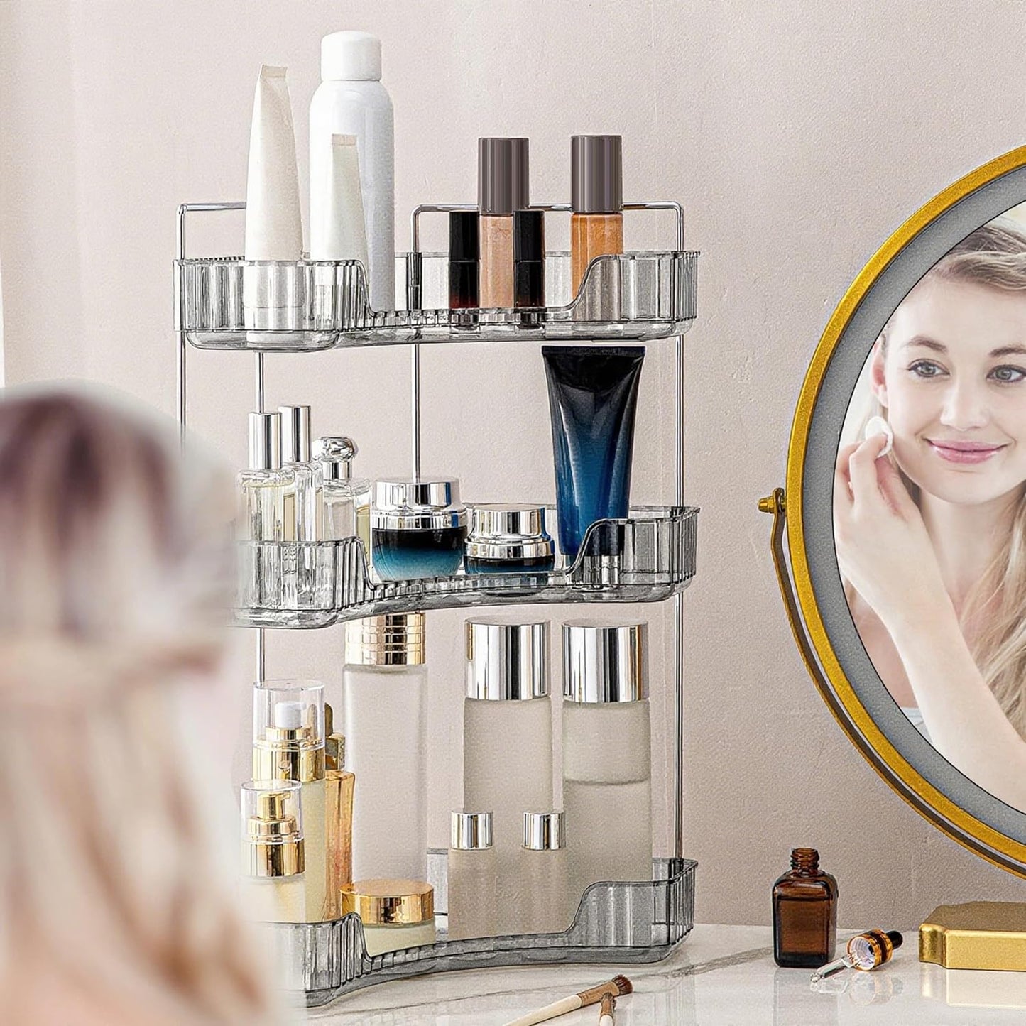 Corner Bathroom Countertop Organizer, Vanity Organizer Trays for Counter, Makeup Organizers, Perfume Tray, Skincare Shelf Storage Gifts for Women Girl Student (Smoky Gray 3 Tiers)