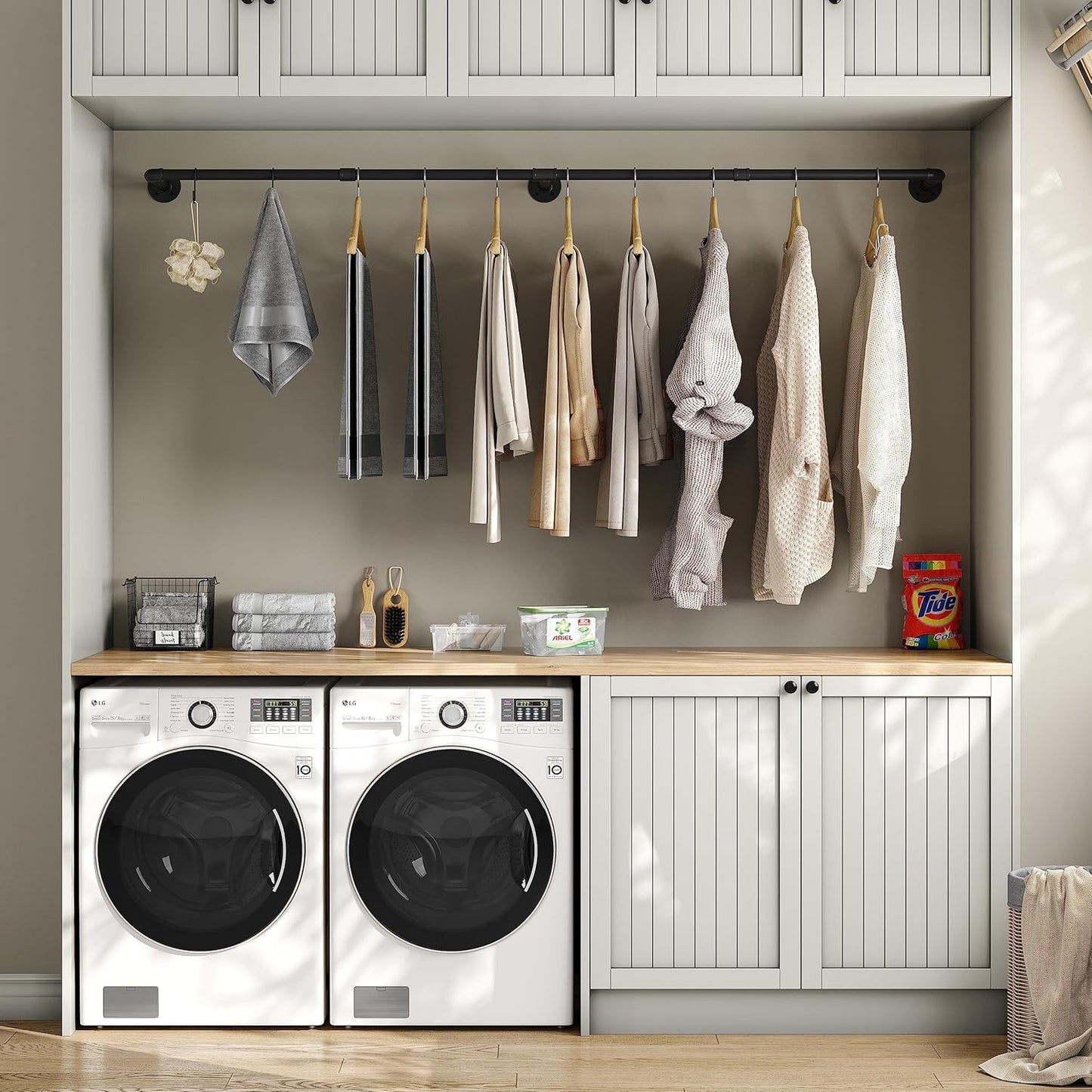Industrial Pipe Clothes Rack with 3 S-shaped Hooks, 72’'L Wall Mounted Garment Rack, Heavy Duty Iron Garment Bar, Clothes Hanging Rod Bar for Laundry Room, Max Load 135Lb Black (2 Package)