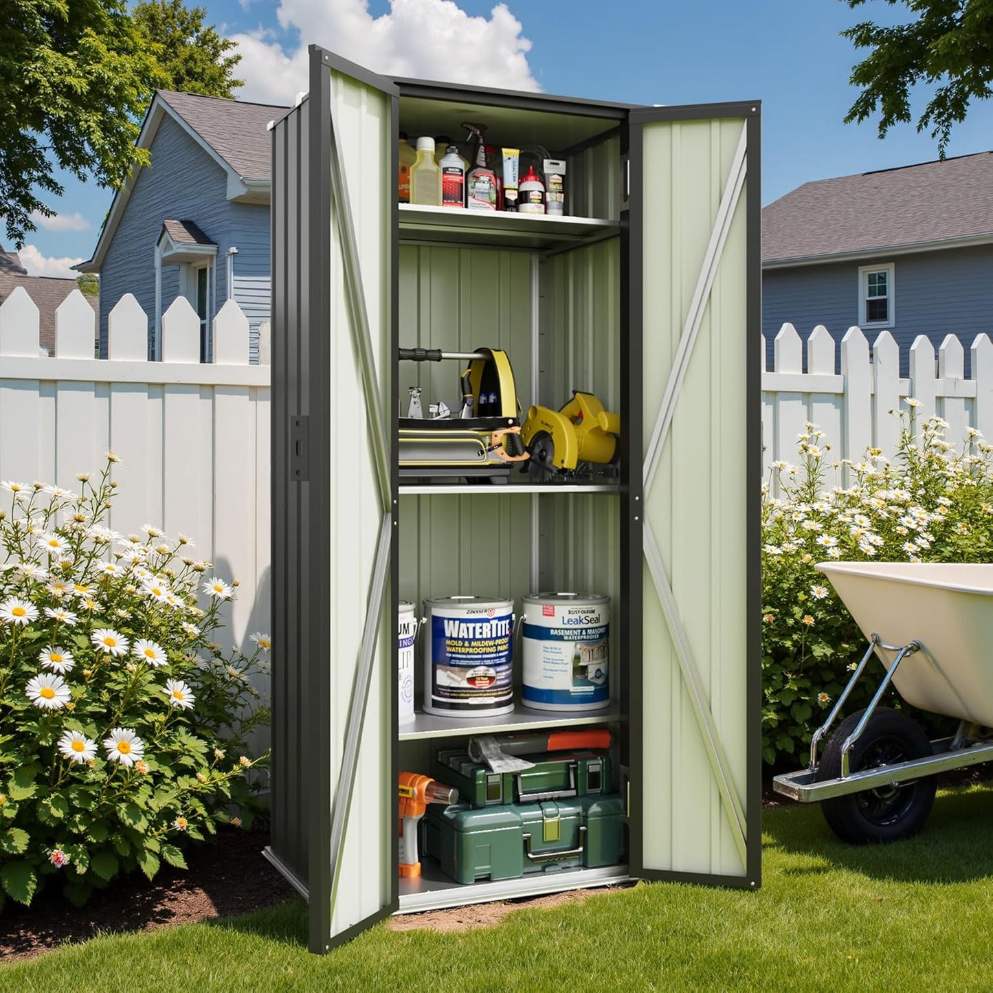 Patiowell 28 Cuft Outdoor Storage Cabinet, Metal Storage Shed with Lockable Door & 3 Adjustable Shelves, Indoor Outdoor Vertical Waterproof Tool Shed for Backyard Garden Patio, Black
