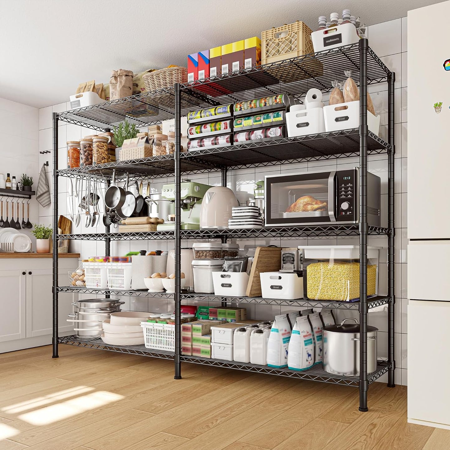 REIBII1450LBS Metal Shelving Unit Storage Shelves 5 Tier Wire Shelving 58.1''W Pantry Shelves Wire Shelf Adjustable Garage Shelving Heavy Duty Storage Rack for Pantry Kitchen Garage, Black，2 Pack