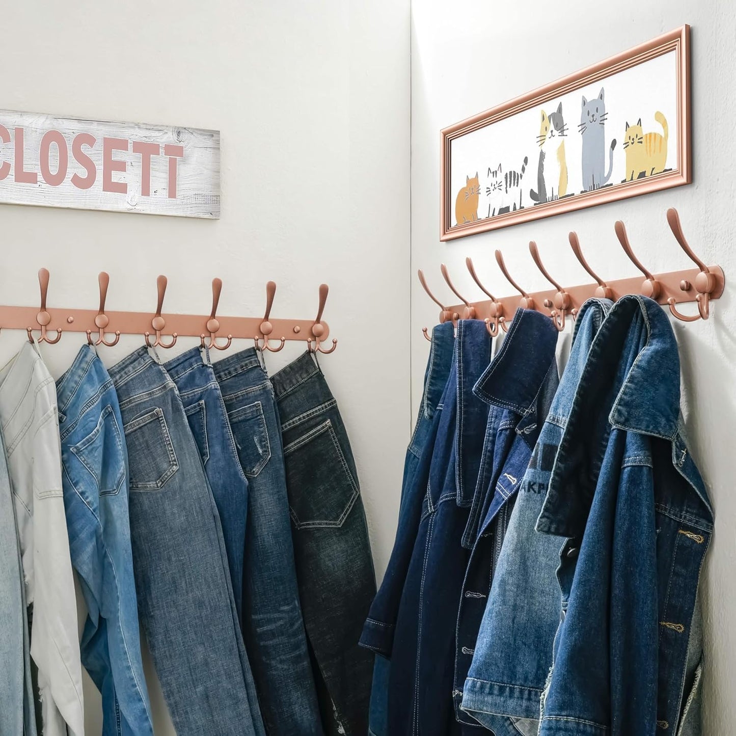 Dseap Coat Rack Wall Mount - 29.5” Long 8-Tri-Hooks Heavy Duty Coat Hanger Rail Wall Hooks for Hanging Coats Hats Clothing Clothes Purse Mudroom Entryway, Rose Gold