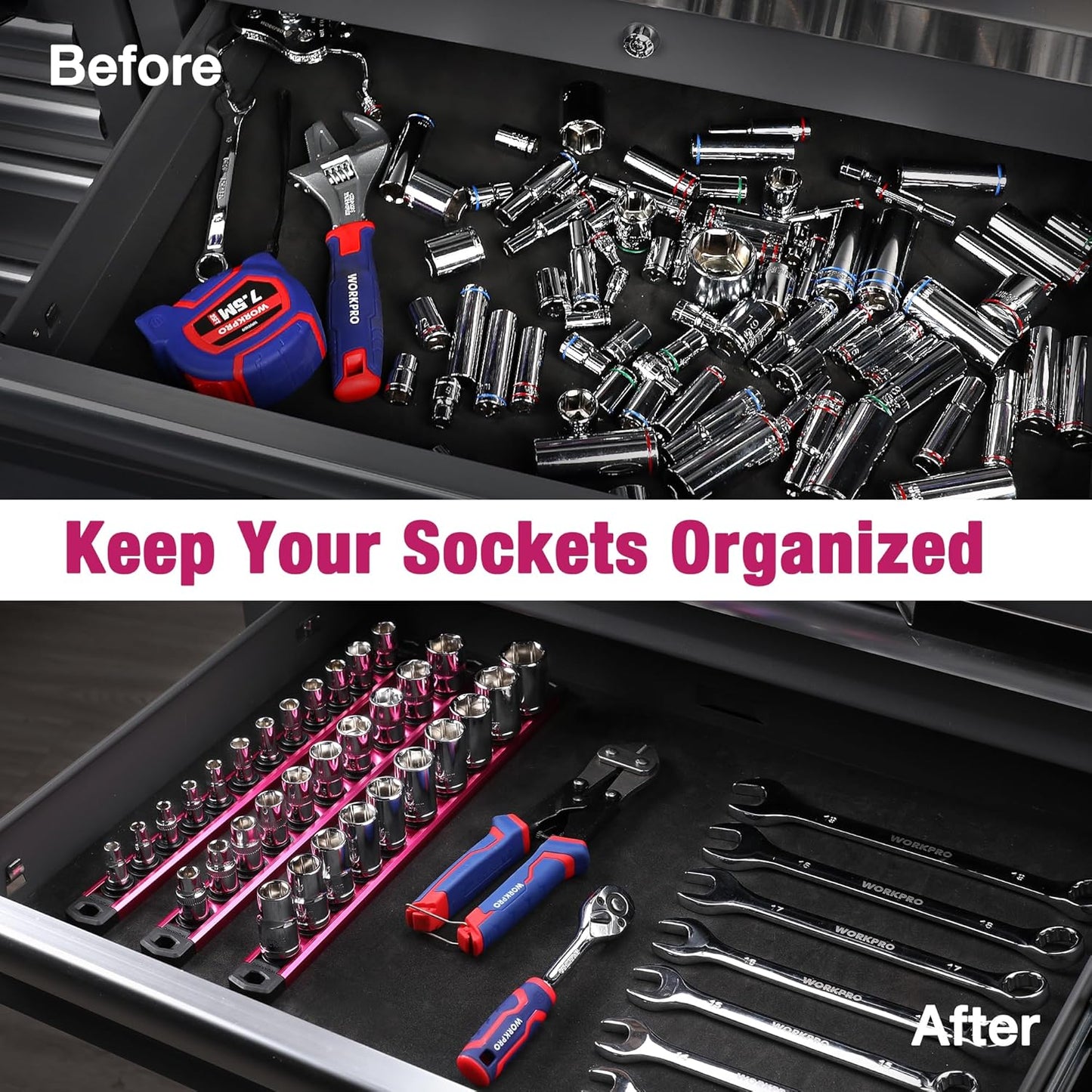 WORKPRO Magnetic Socket Organizer, 1/4-Inch Drive Aluminum Alloy Socket Rail, Heavy Duty Socket Holder, Socket Rack Kit 1/4-Inch x 12 Clips Rose Red (Socket not Included)