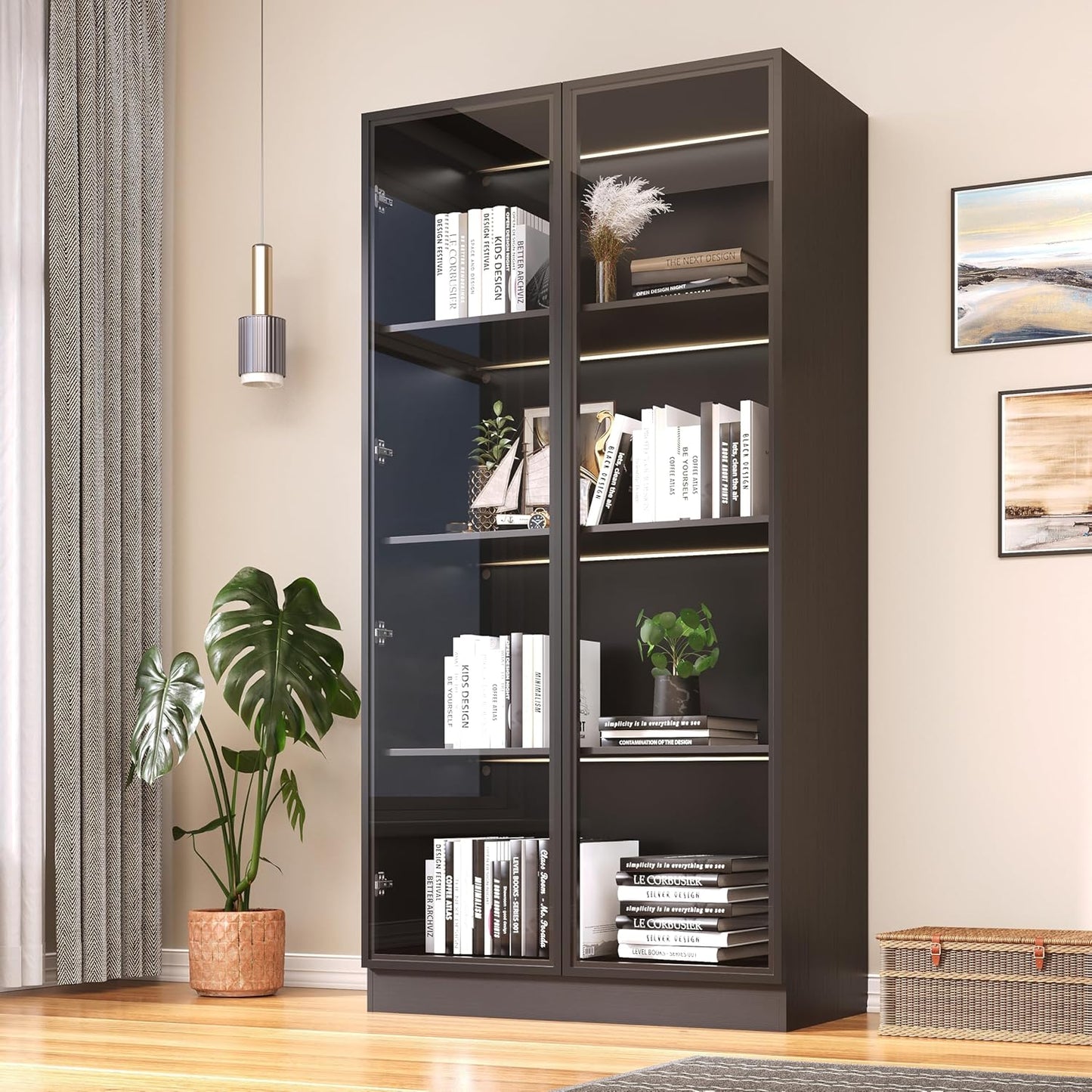 Wooden Display Storage Cabinet with Glass Door, LED Lights,Showcase for Collections, Perfume, Vinyl Albums, Bookcase for Home Office, Living Room, Clinic, Pantry (Black- 4 Layers)