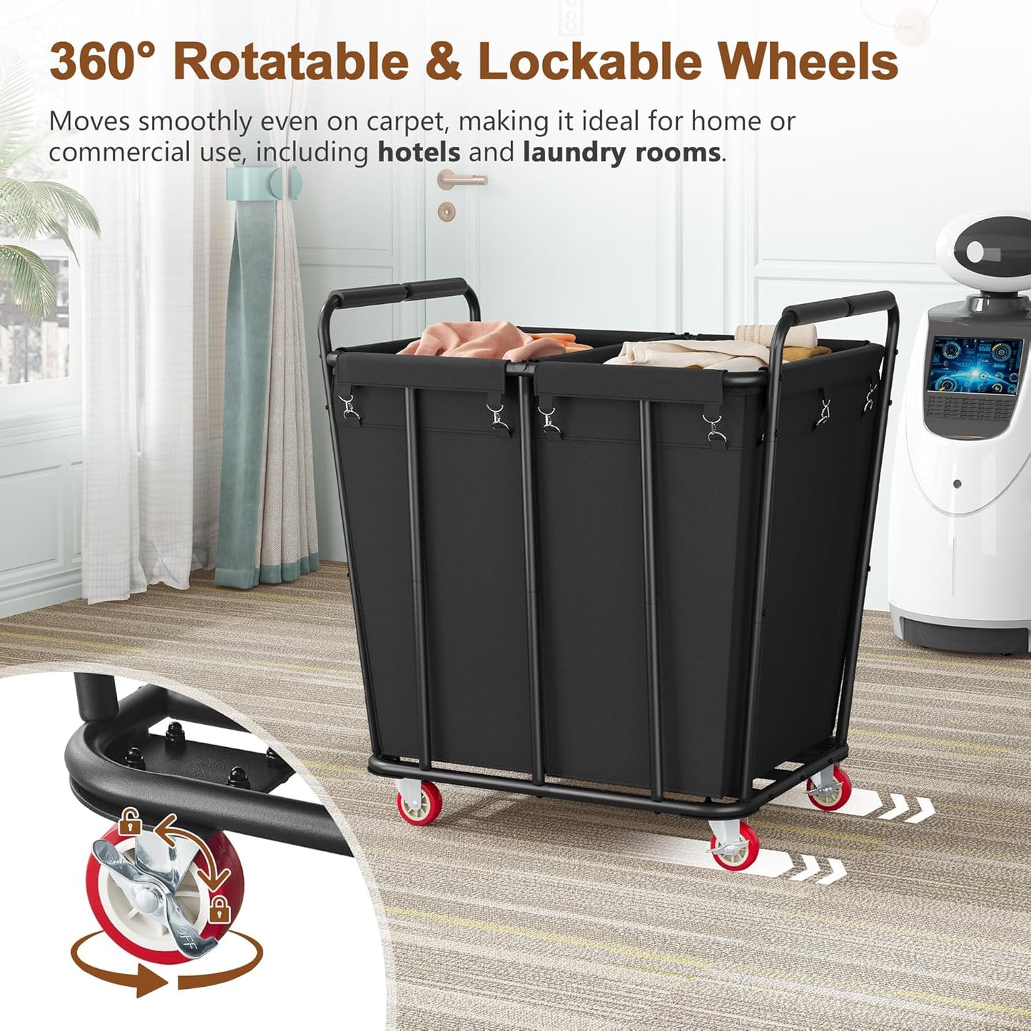 Hoctieon 2 Section Laundry Sorter Cart, 400L Rolling Hamper with Wheels, Industrial Laundry Basket Organizer, Extra Large Dirty Clothes Hamper for Home & Hotel, Heavy Duty, Black