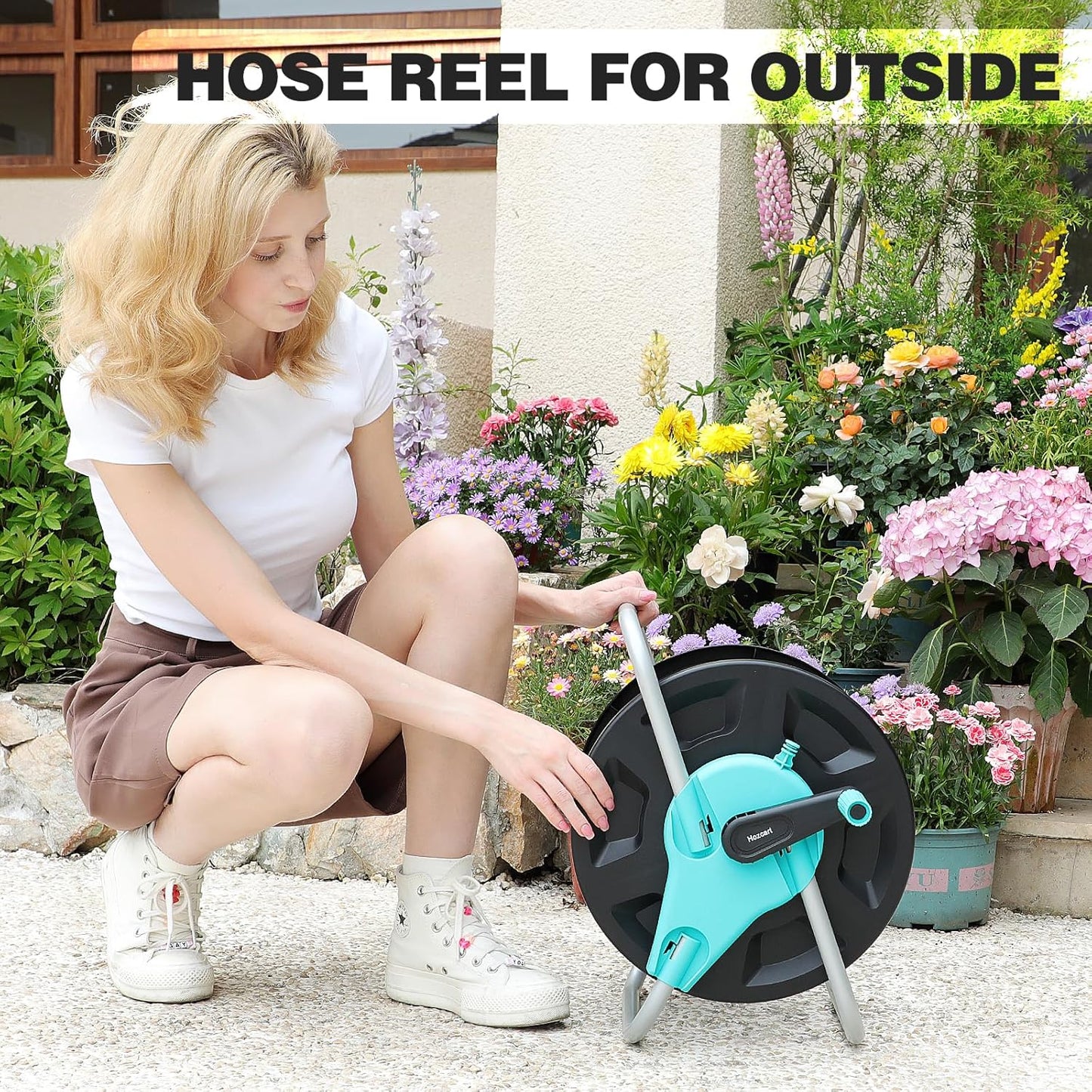 Garden Hose Reel Cart,Hold Up to 50-130 Feet of 5/8" Hose,Wall Mounted Water Hose Reel,Portable Hose Reel Holder,for Outside Car Washing, Watering